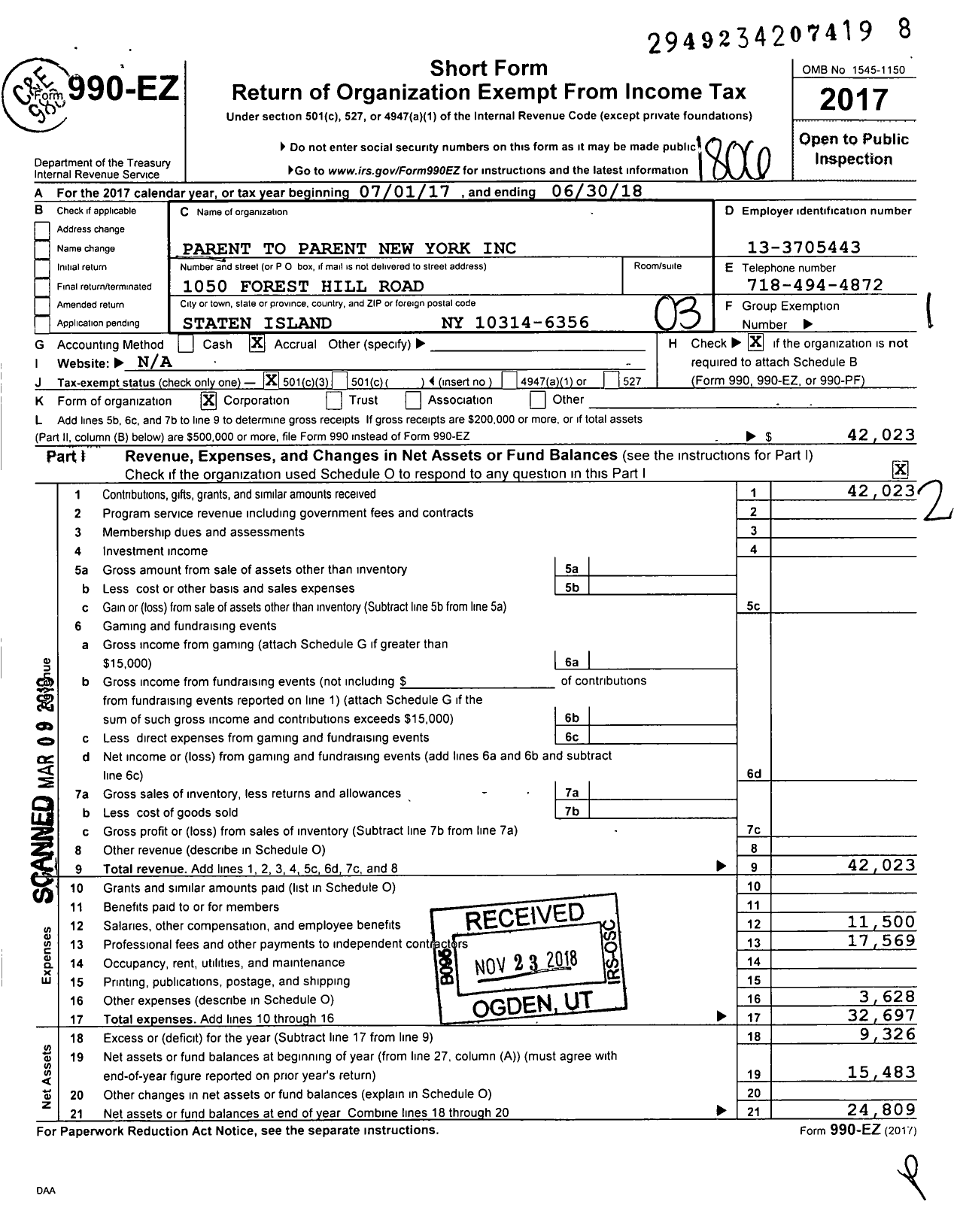 Image of first page of 2017 Form 990EZ for Parent To Parent New York