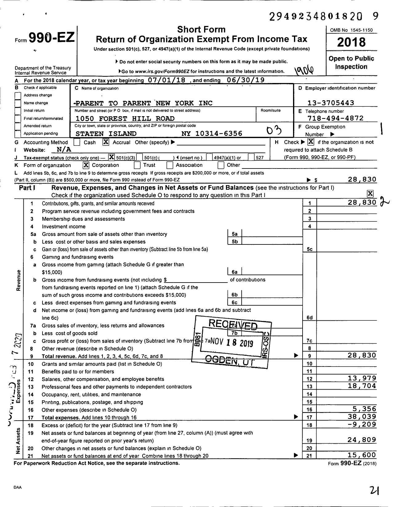 Image of first page of 2018 Form 990EZ for Parent To Parent New York