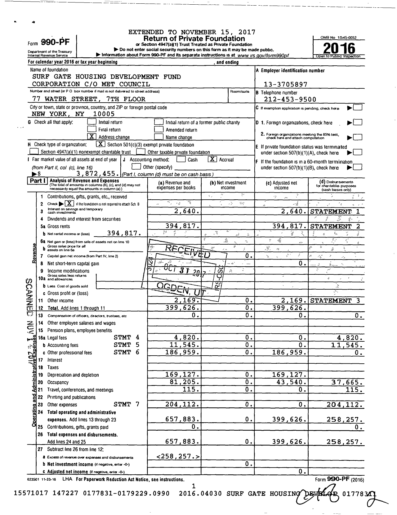 Image of first page of 2016 Form 990PF for Surf Gate Housing Development Fund Corporation