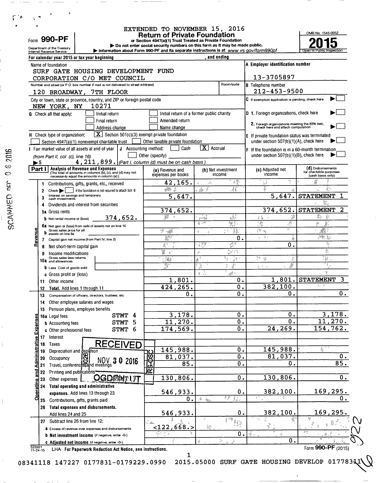 Image of first page of 2015 Form 990PF for Surf Gate Housing Development Fund Corporation