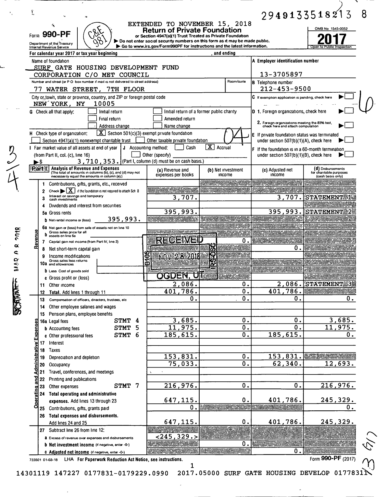 Image of first page of 2017 Form 990PF for Surf Gate Housing Development Fund Corporation