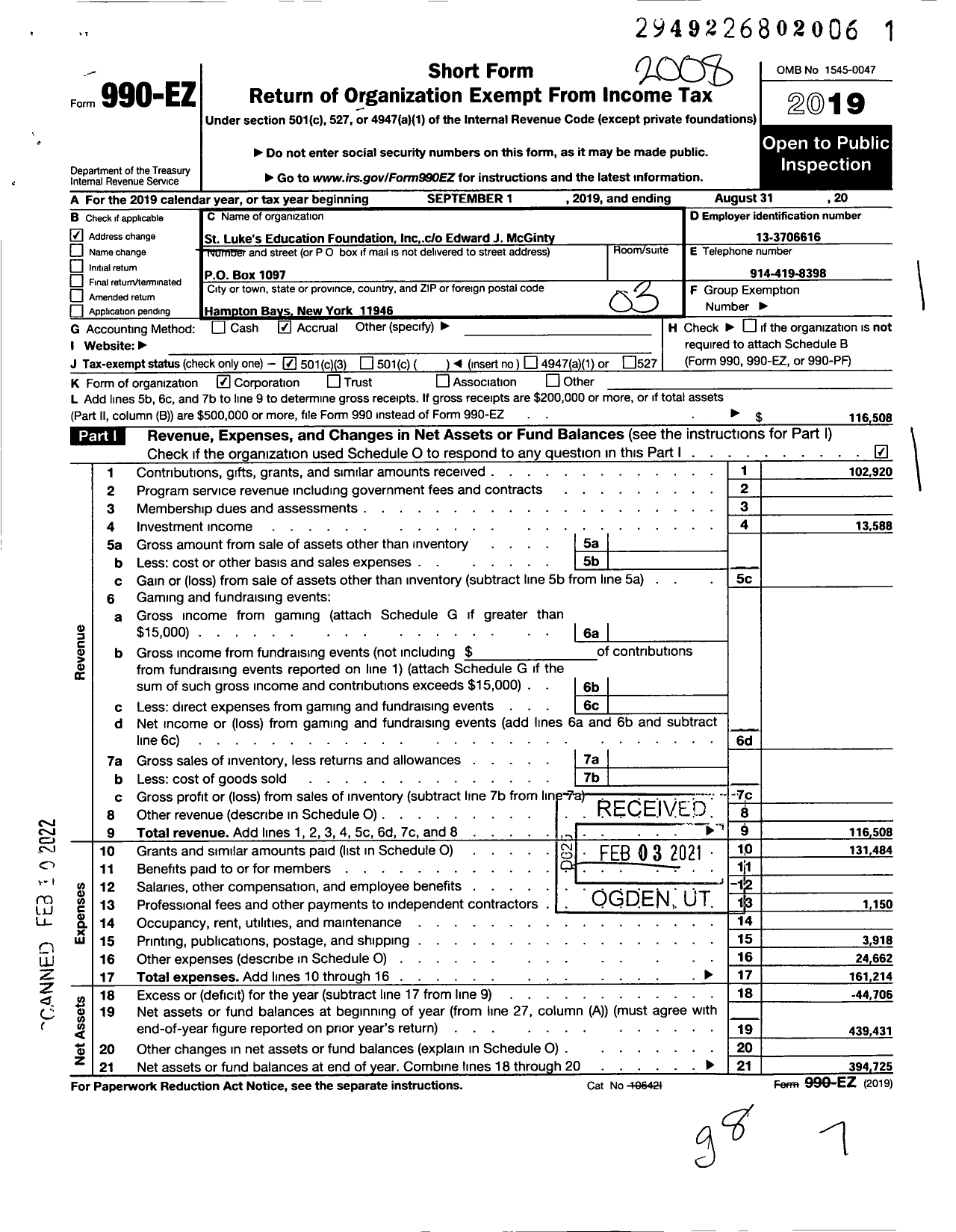 Image of first page of 2019 Form 990EZ for St Luke's Education Foundation