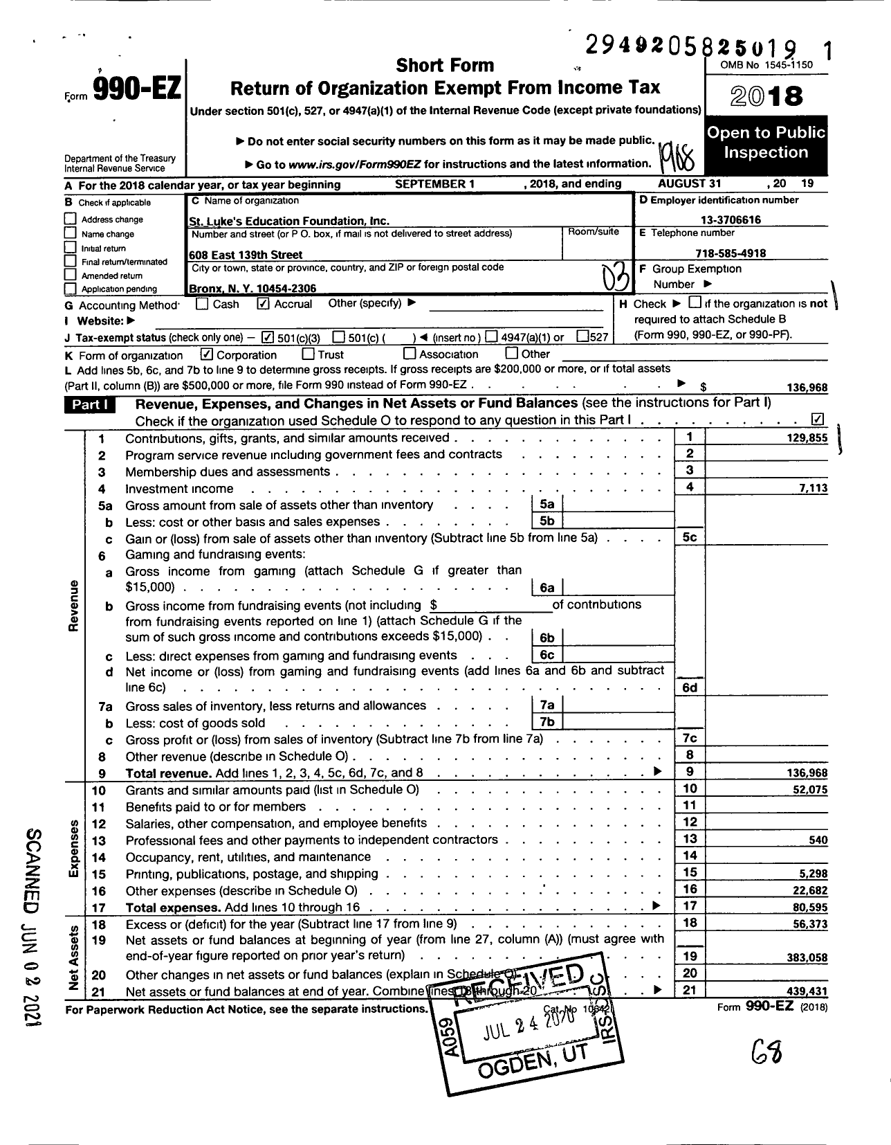 Image of first page of 2018 Form 990EZ for St Luke's Education Foundation