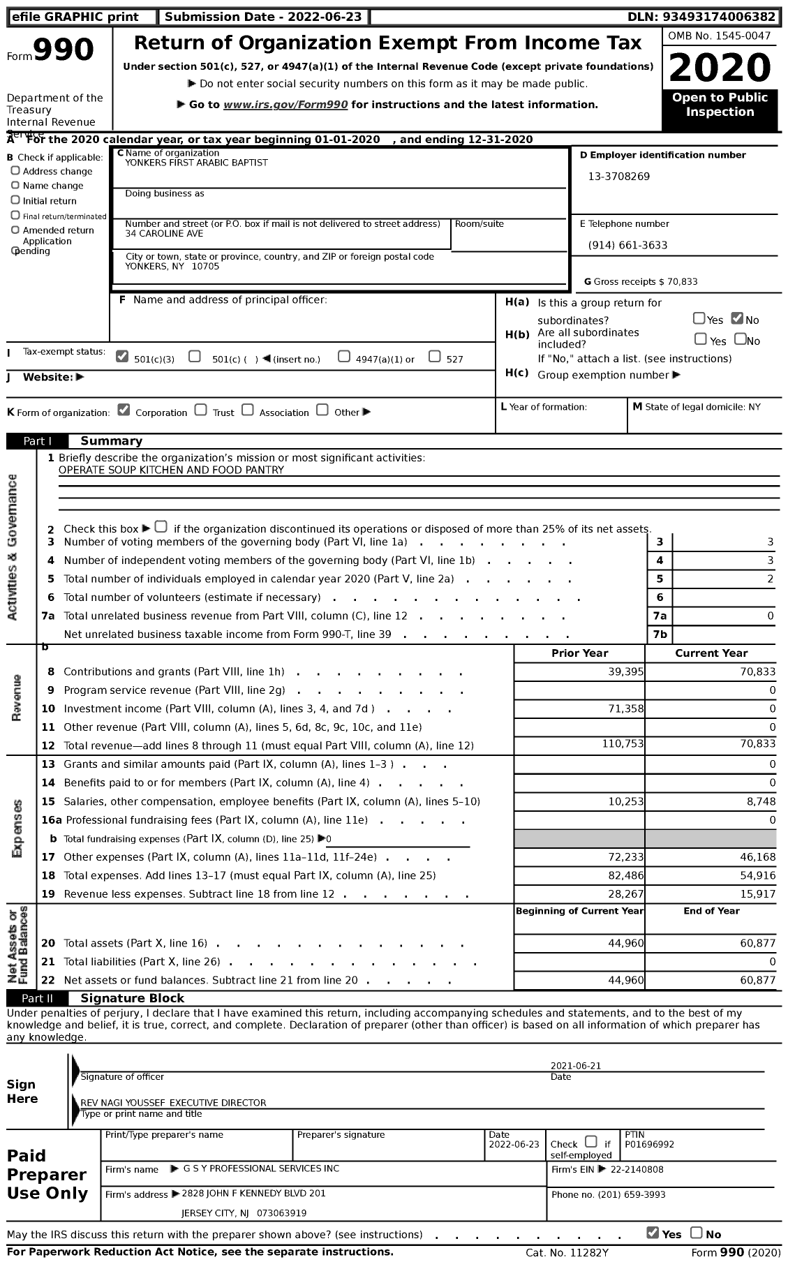 Image of first page of 2020 Form 990 for Yonkers First Arabic Baptist Church