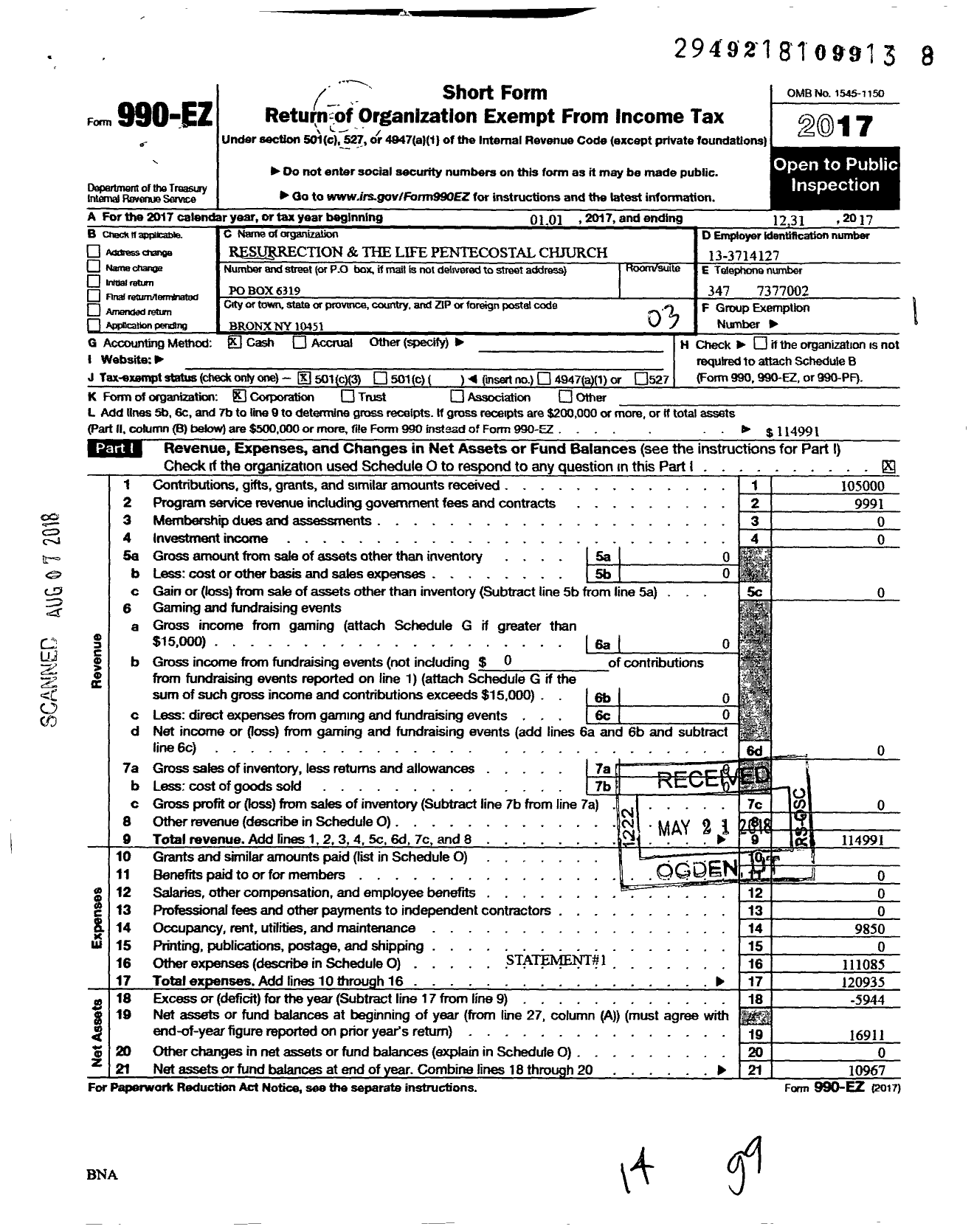 Image of first page of 2017 Form 990EZ for Resurrection and the Life Pentecostal Church