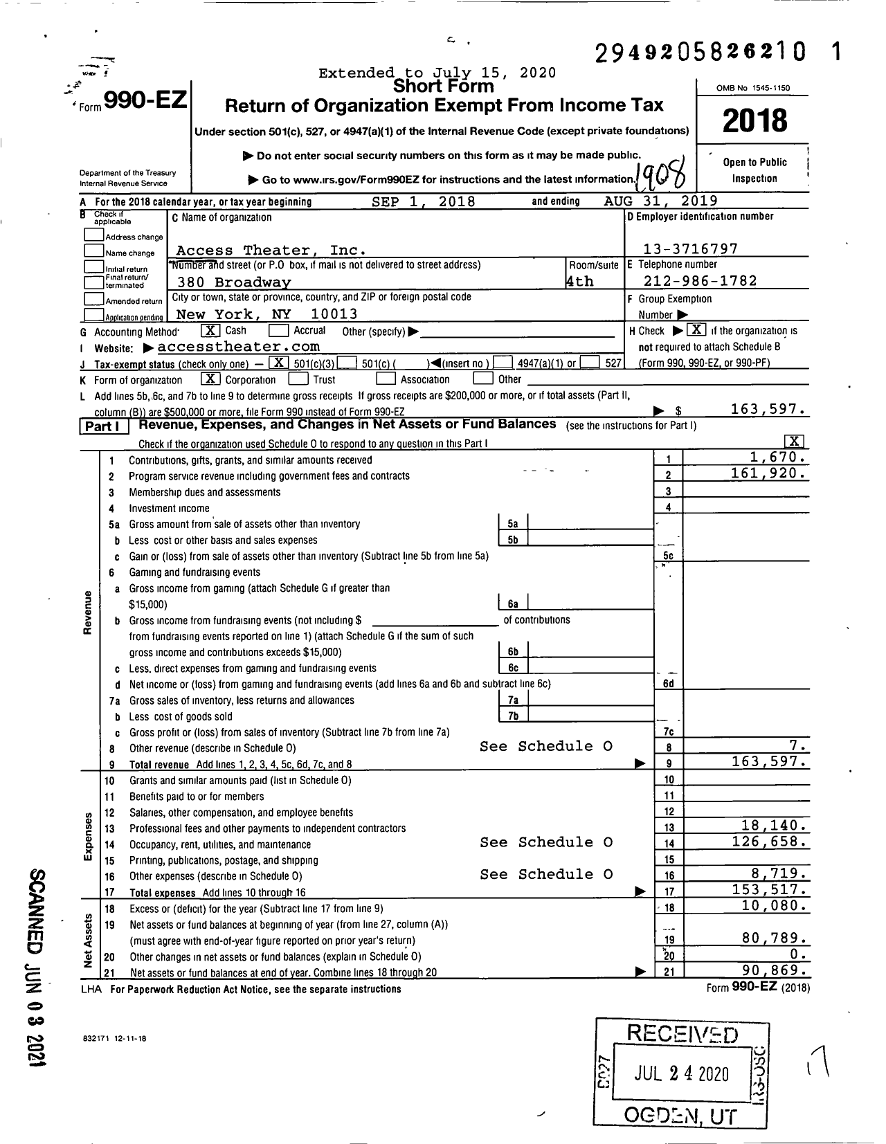 Image of first page of 2018 Form 990EZ for Access Theater