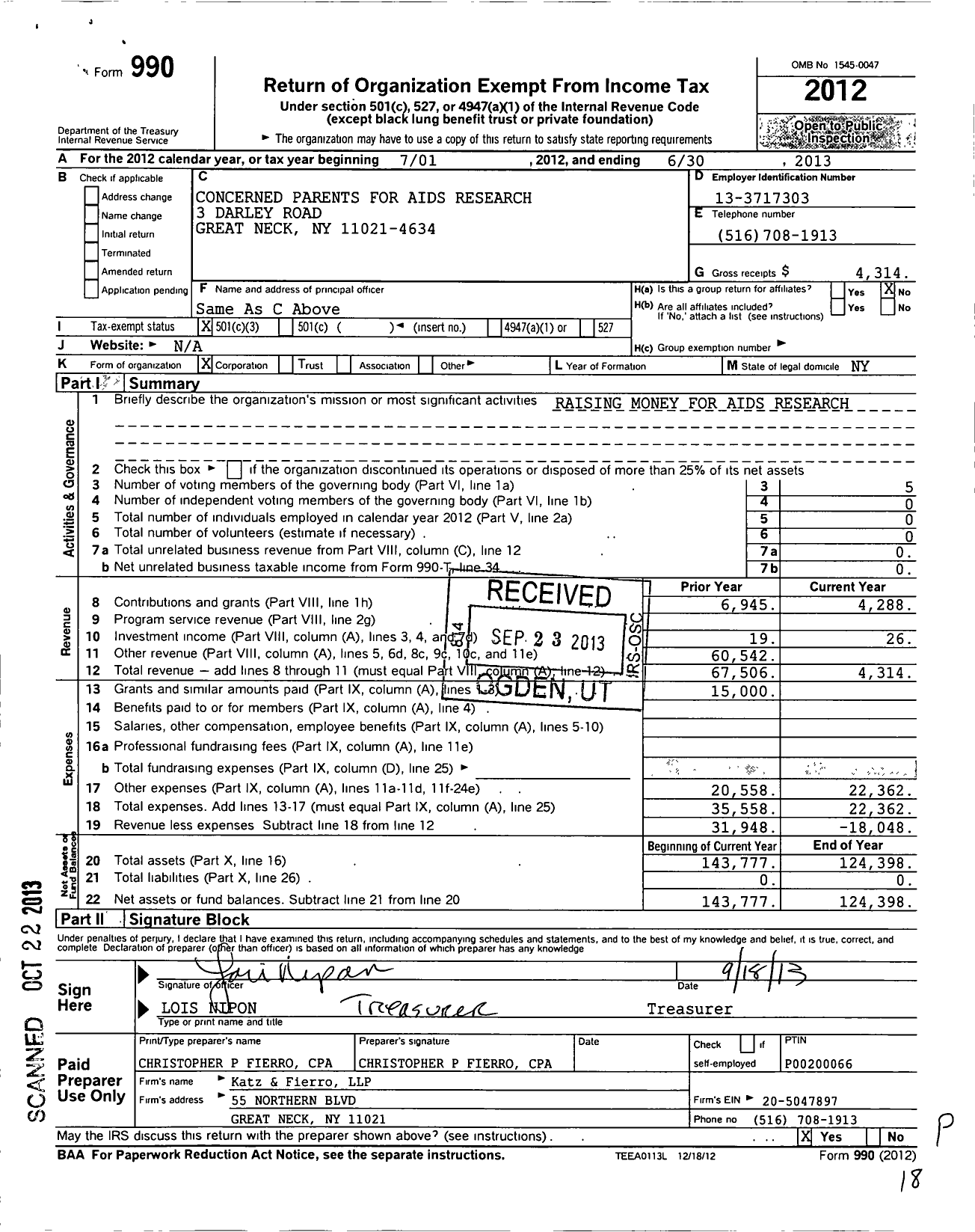 Image of first page of 2012 Form 990 for Concerned Parents for Aids Research