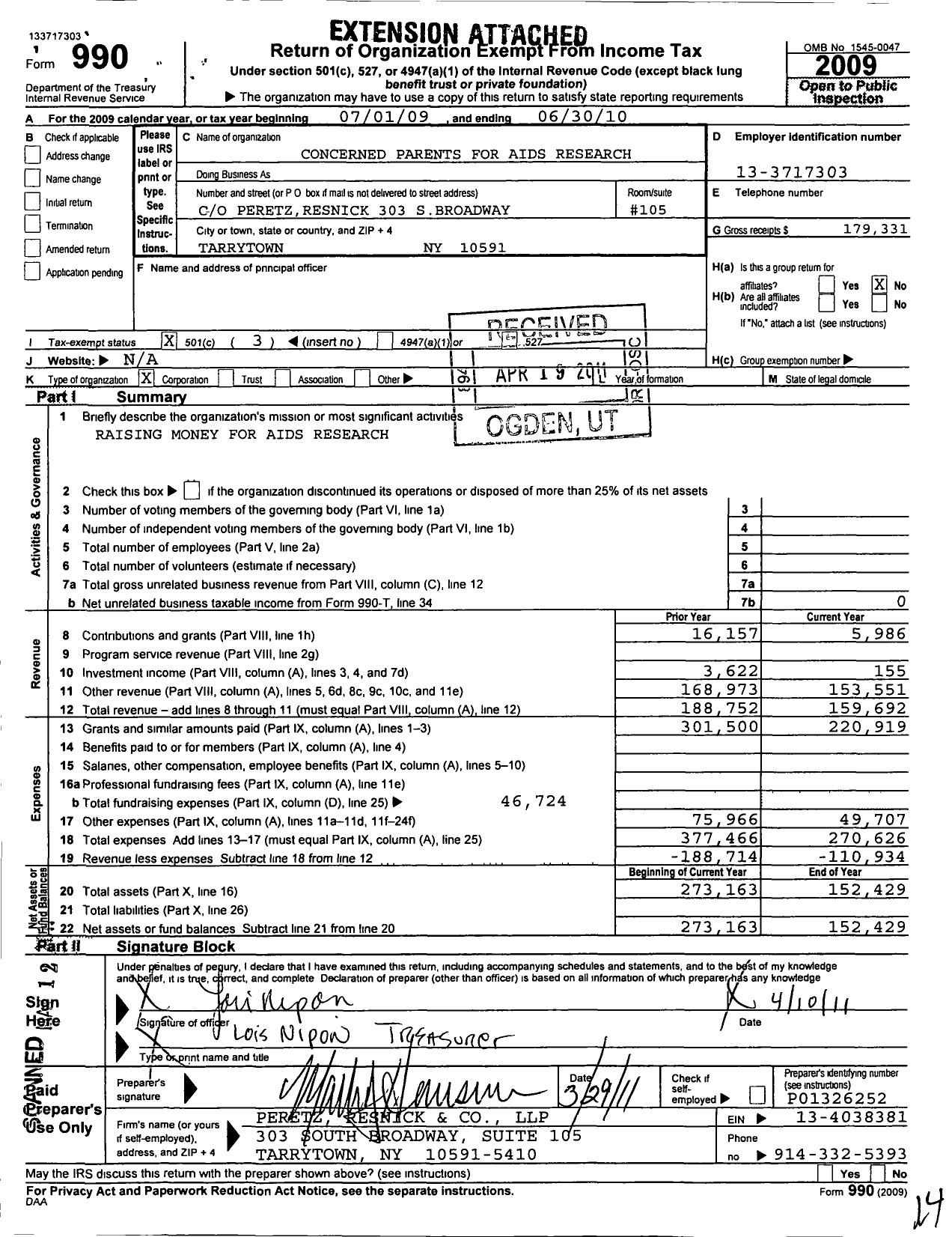 Image of first page of 2009 Form 990 for Concerned Parents for Aids Research