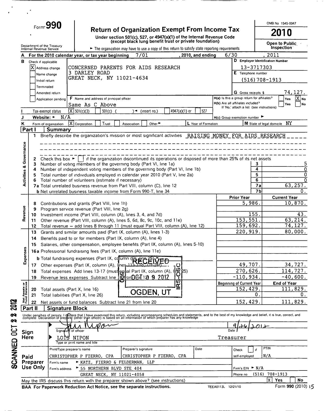 Image of first page of 2010 Form 990 for Concerned Parents for Aids Research