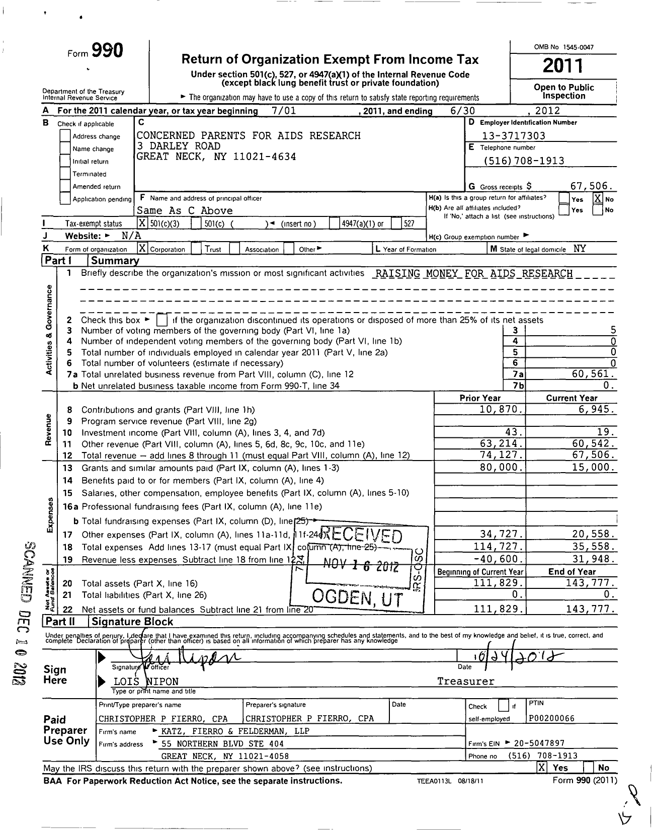 Image of first page of 2011 Form 990 for Concerned Parents for Aids Research