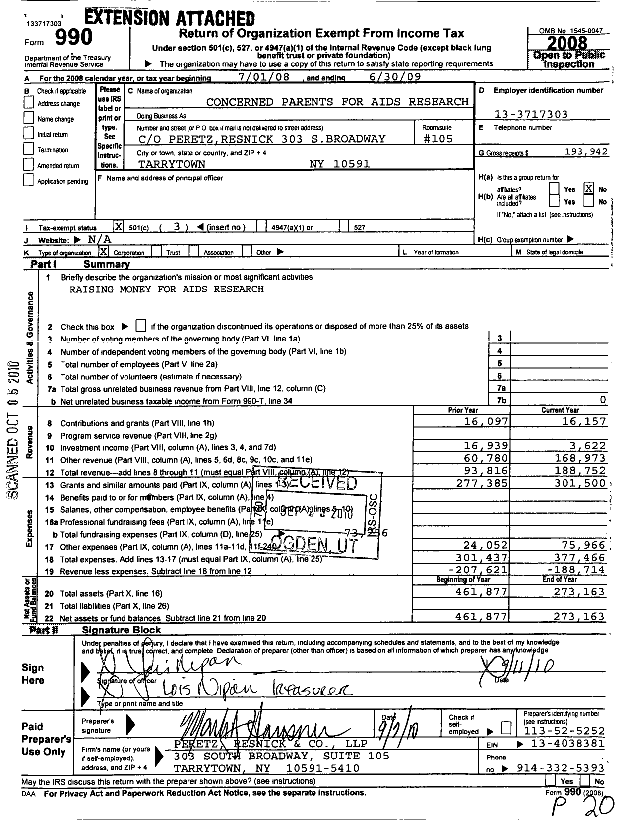 Image of first page of 2008 Form 990 for Concerned Parents for Aids Research