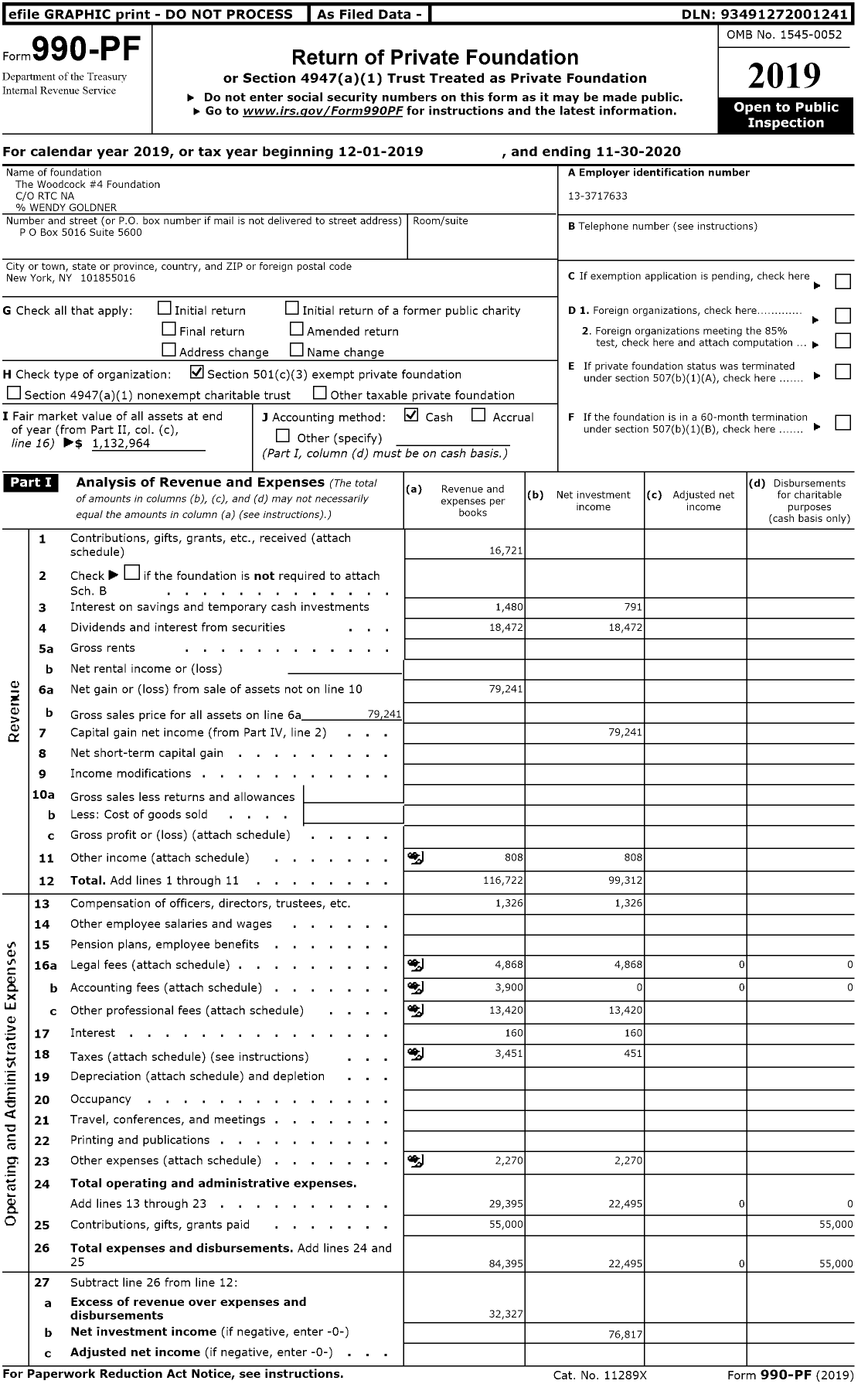 Image of first page of 2019 Form 990PF for The Woodcock #4 Foundation