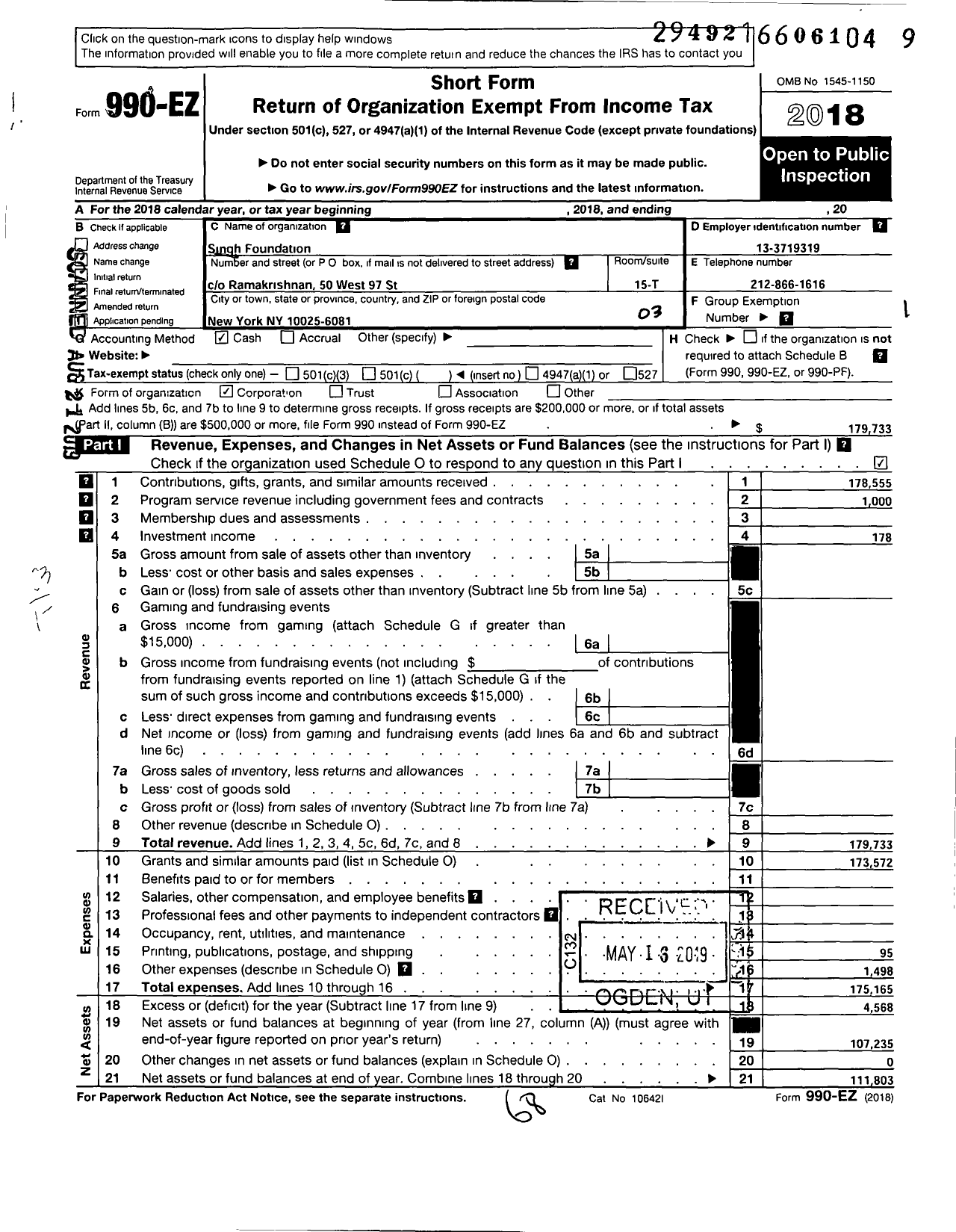 Image of first page of 2018 Form 990EZ for Singh Foundation