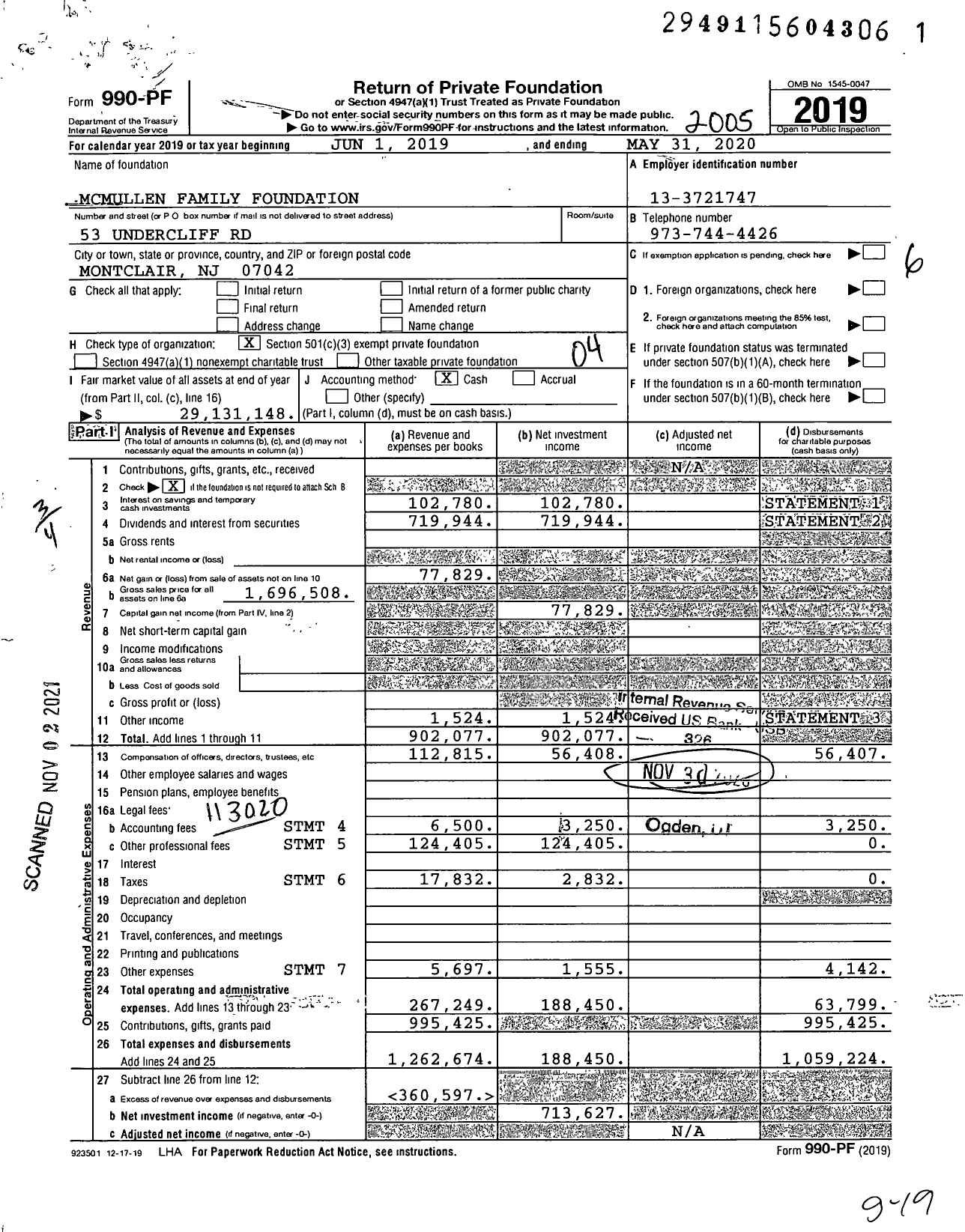 Image of first page of 2019 Form 990PF for Mcmullen Family Foundation