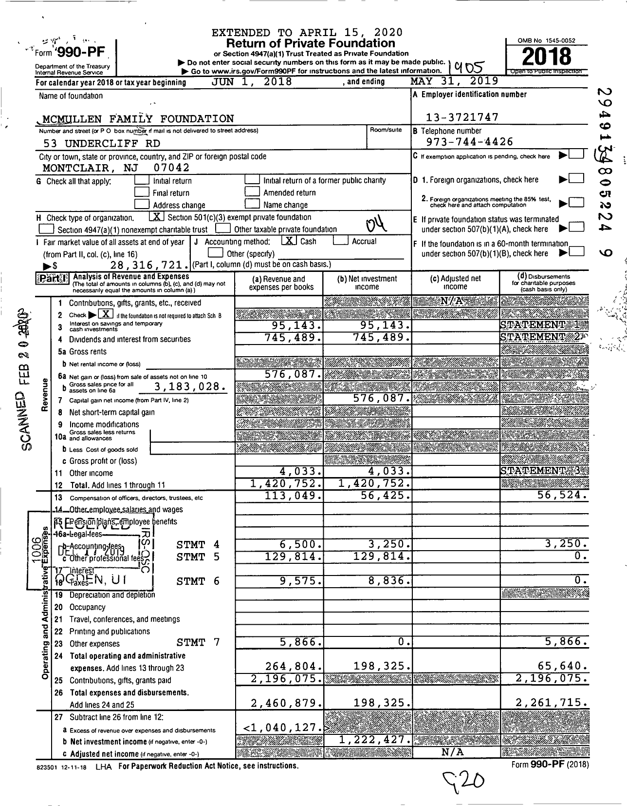 Image of first page of 2018 Form 990PF for Mcmullen Family Foundation