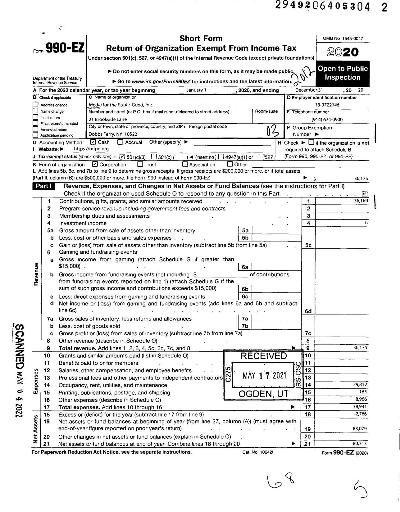 Image of first page of 2020 Form 990EZ for Media for the Public Good