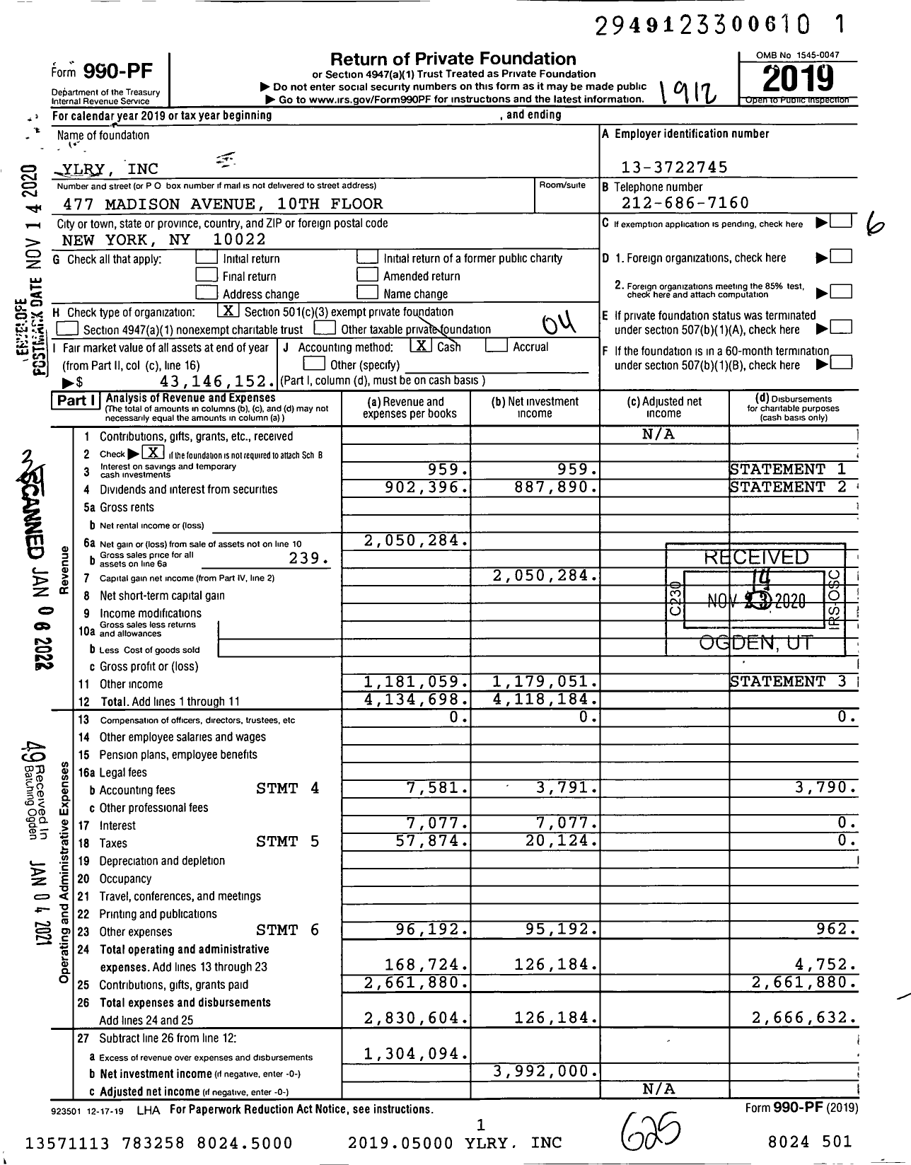 Image of first page of 2019 Form 990PF for Ylry