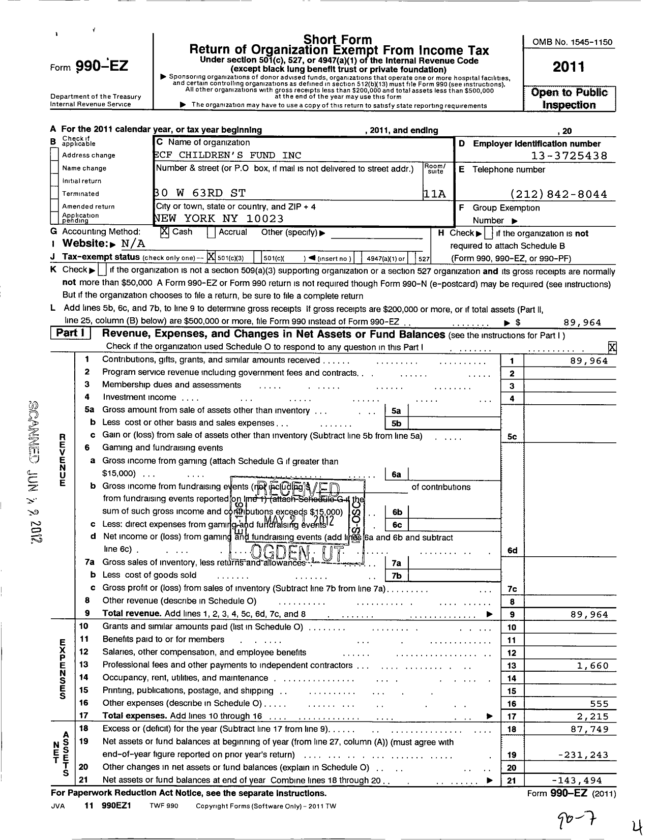 Image of first page of 2011 Form 990EZ for ECF Childrens Fund