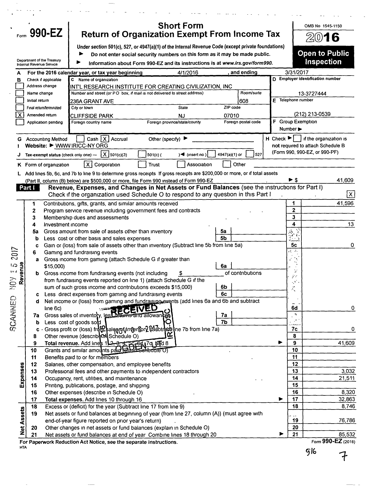 Image of first page of 2016 Form 990EZ for International Research Institute for Creating Civilization