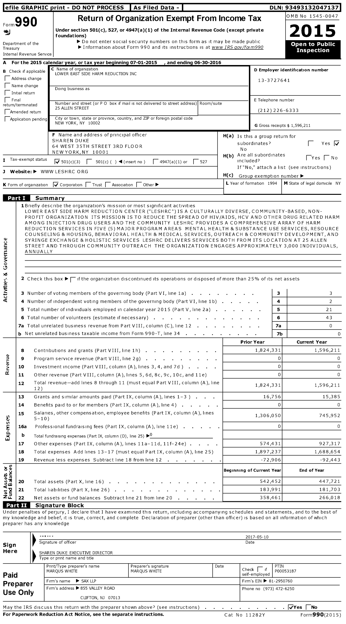 Image of first page of 2015 Form 990 for Lower East Side Harm Reduction Center (LESHRC)