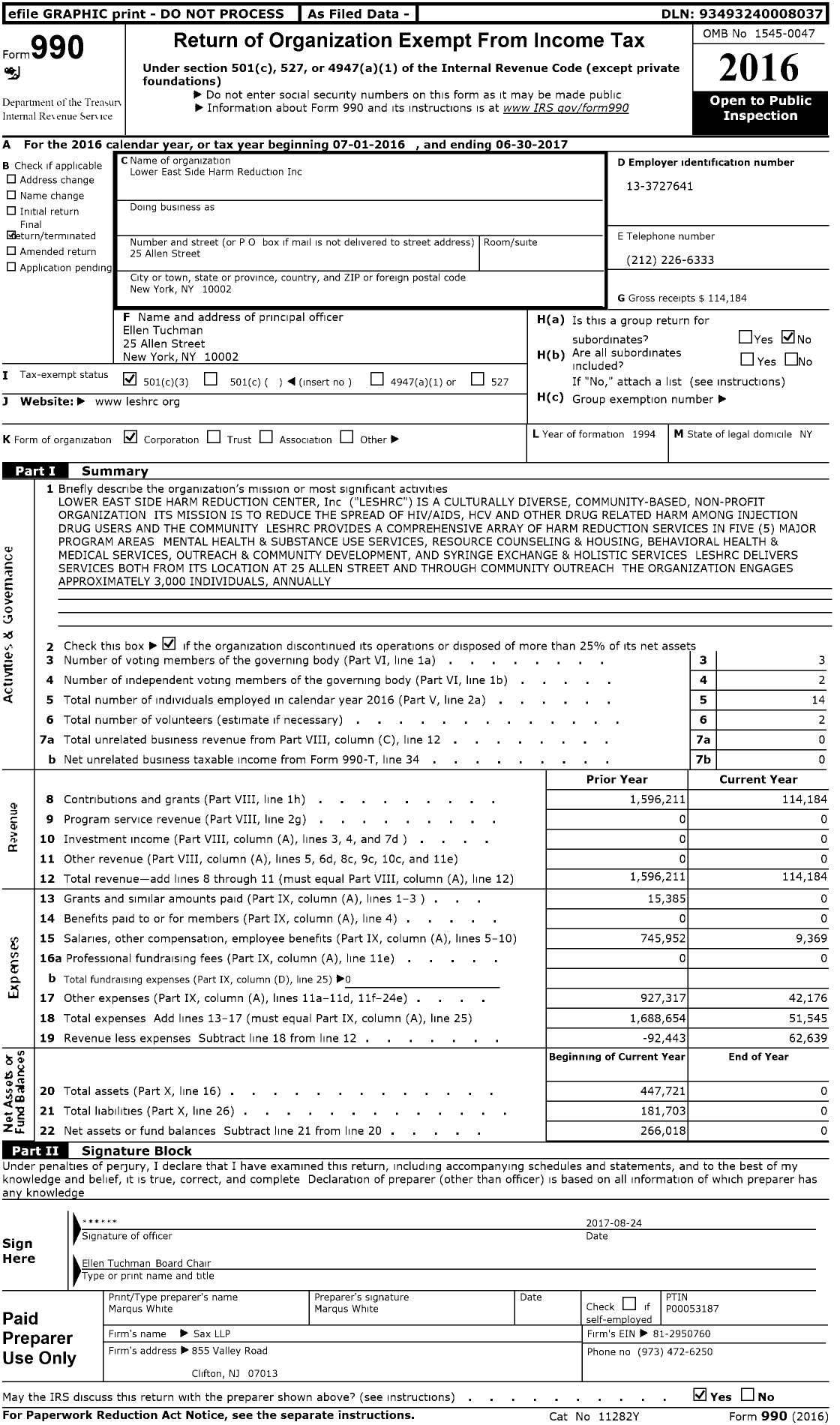 Image of first page of 2016 Form 990 for Lower East Side Harm Reduction Center (LESHRC)