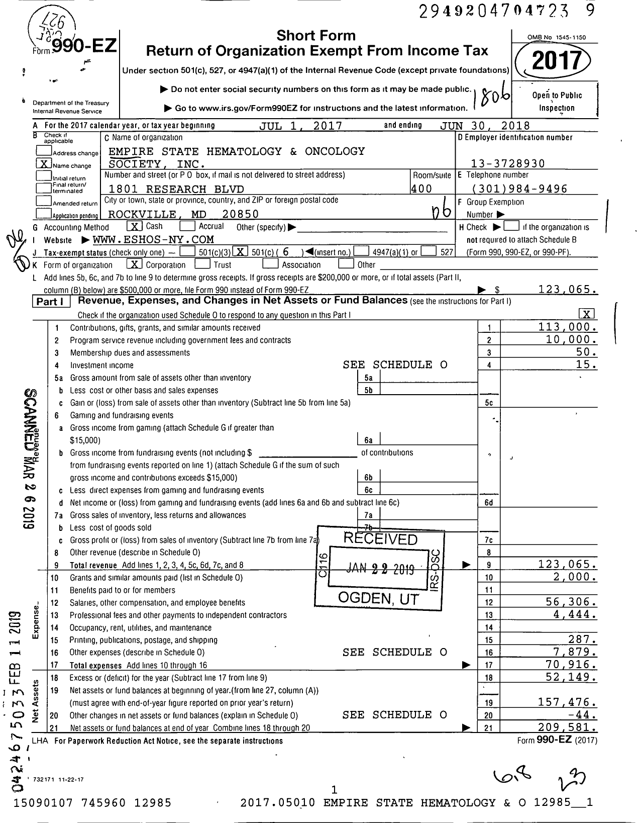 Image of first page of 2017 Form 990EO for Empire State Hematology and Oncology Society