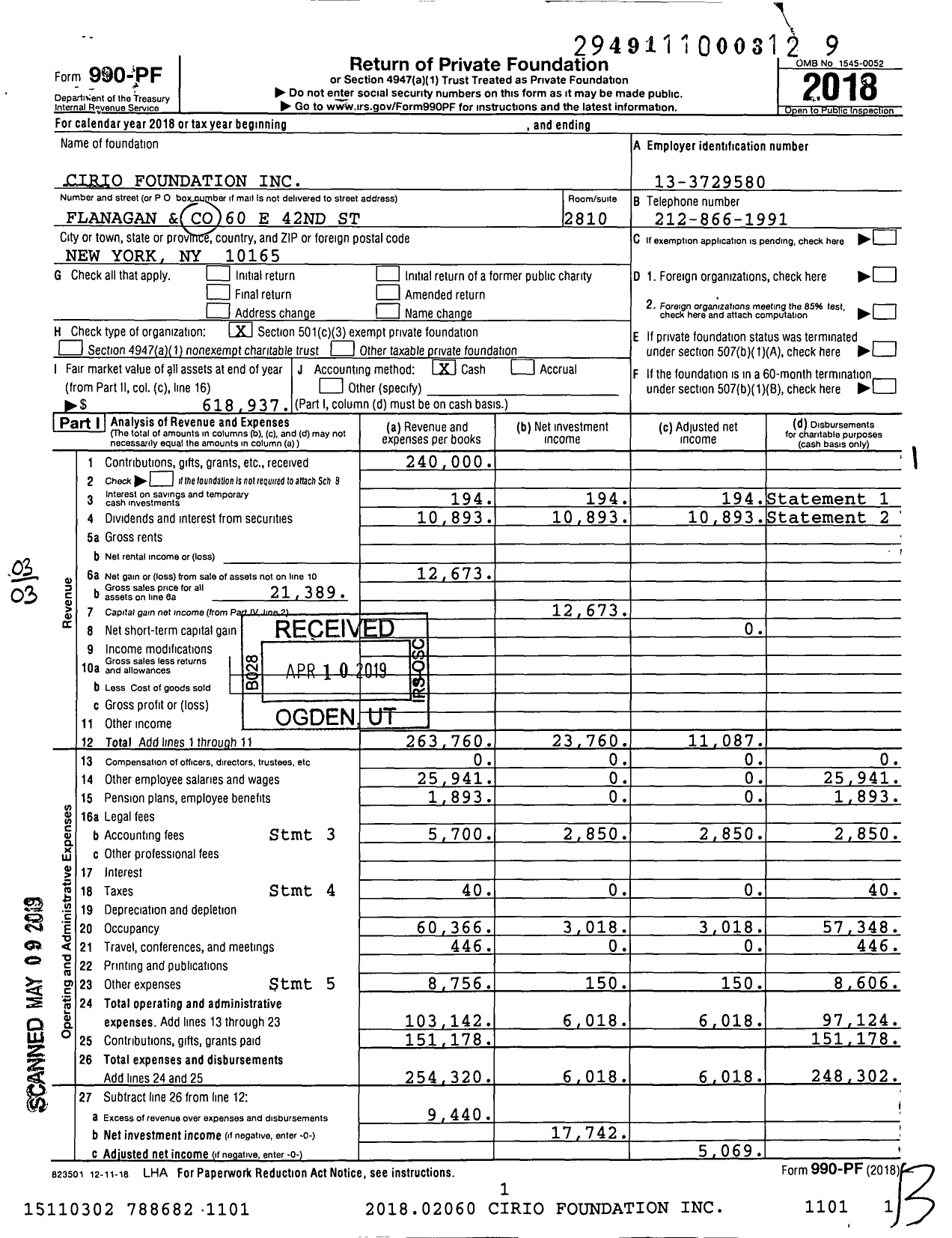 Image of first page of 2018 Form 990PF for Cirio Foundation