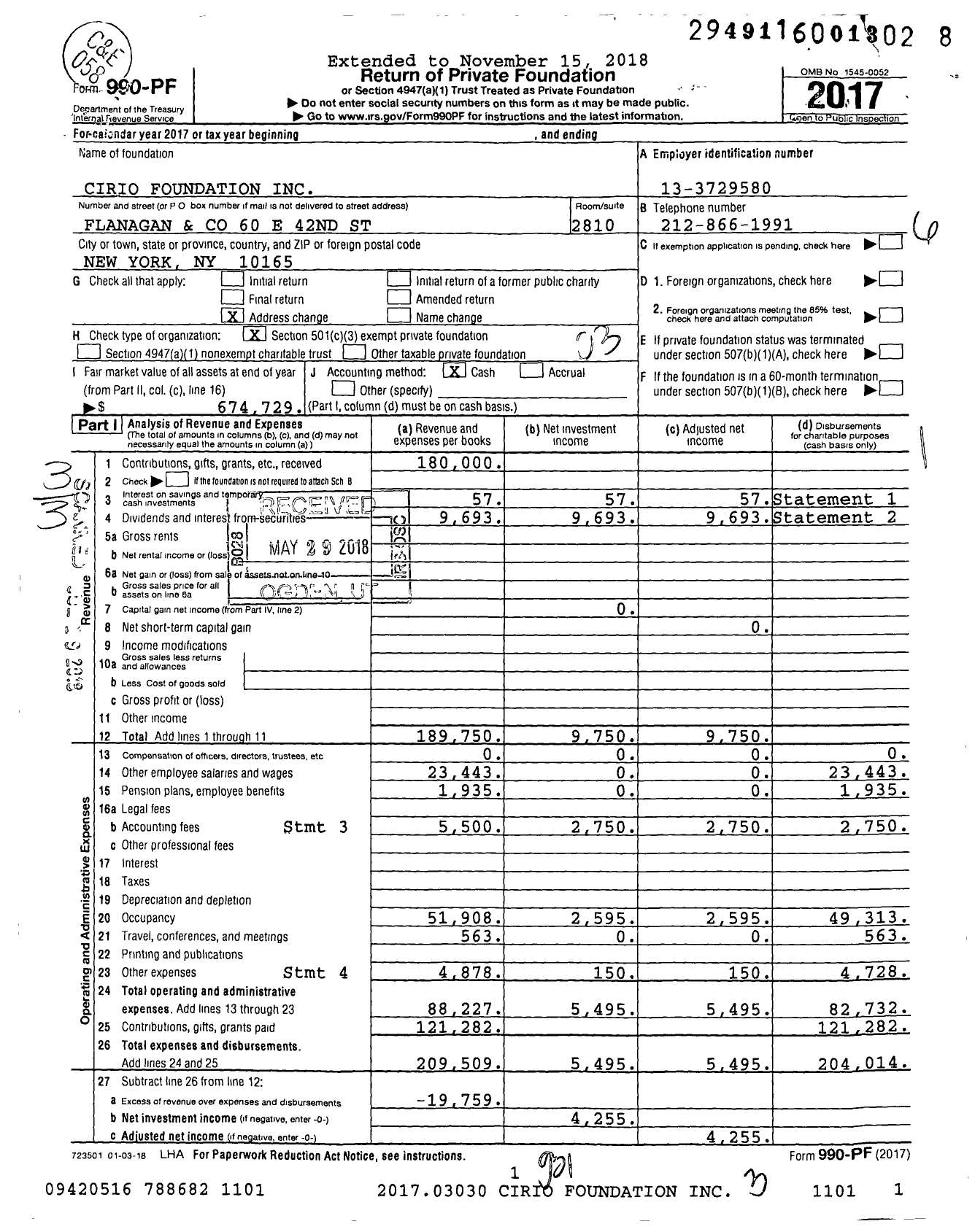 Image of first page of 2017 Form 990PF for Cirio Foundation