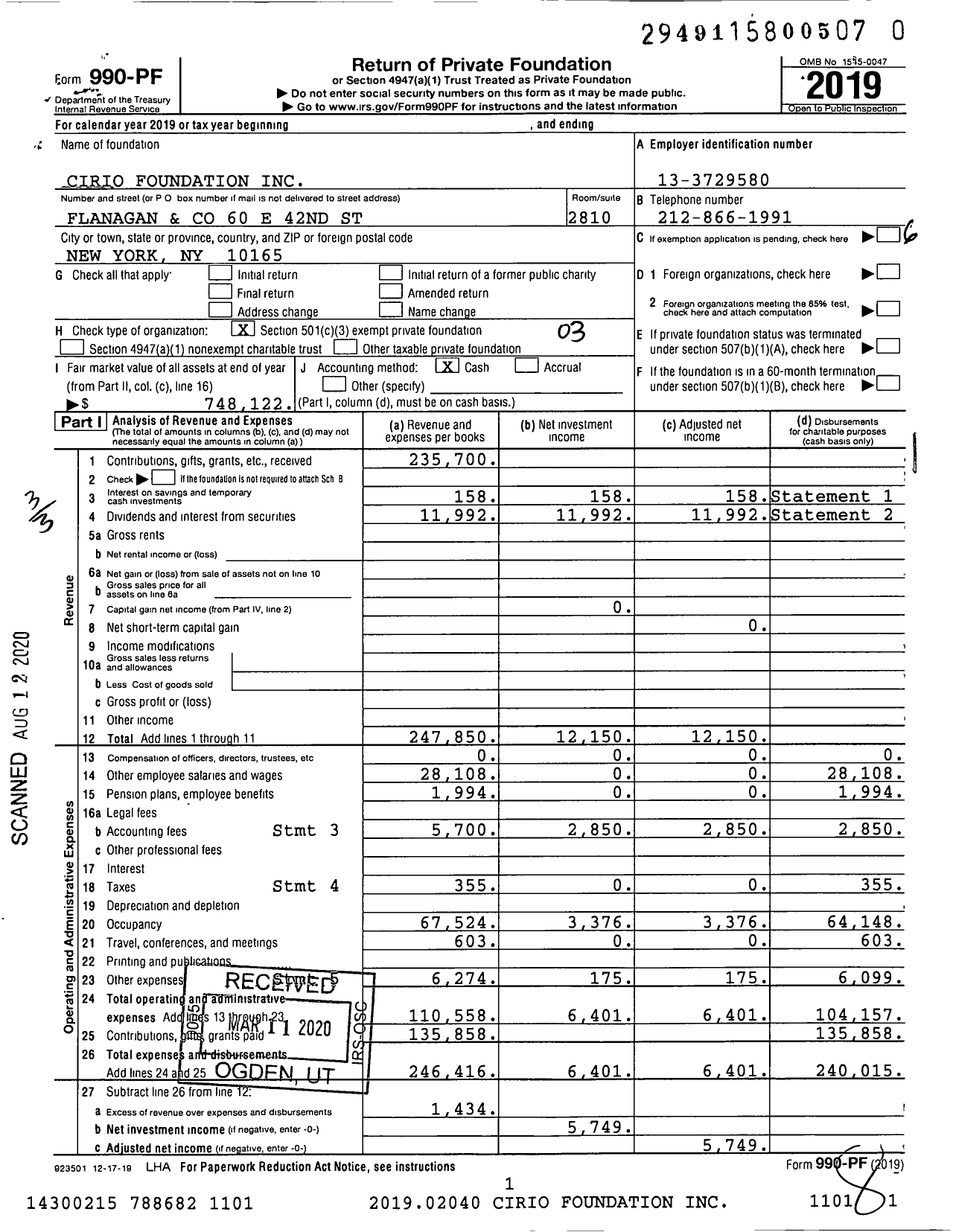 Image of first page of 2019 Form 990PR for Cirio Foundation