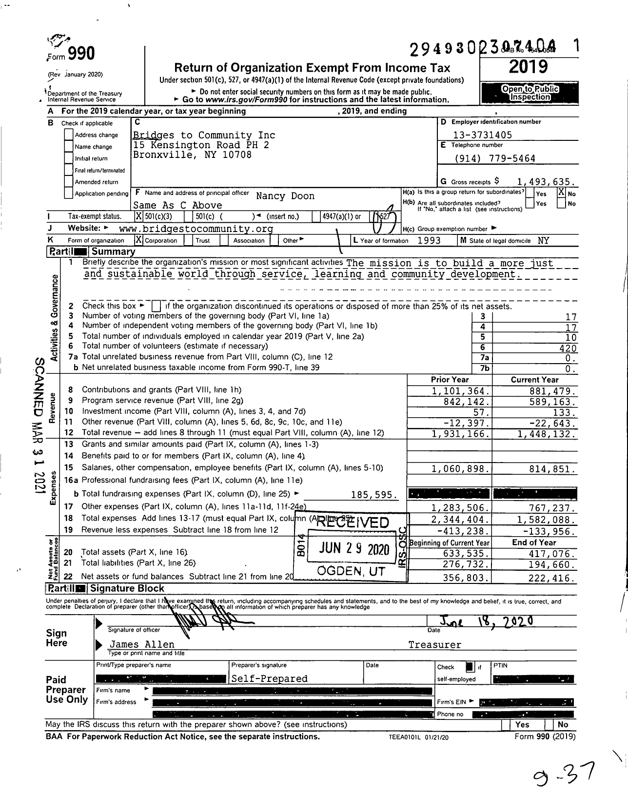 Image of first page of 2019 Form 990 for Bridges to Community (BTC)