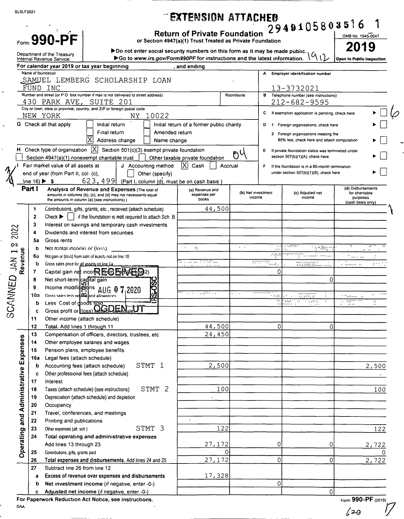 Image of first page of 2019 Form 990PF for Samuel Lemberg Scholarship Loan Fund