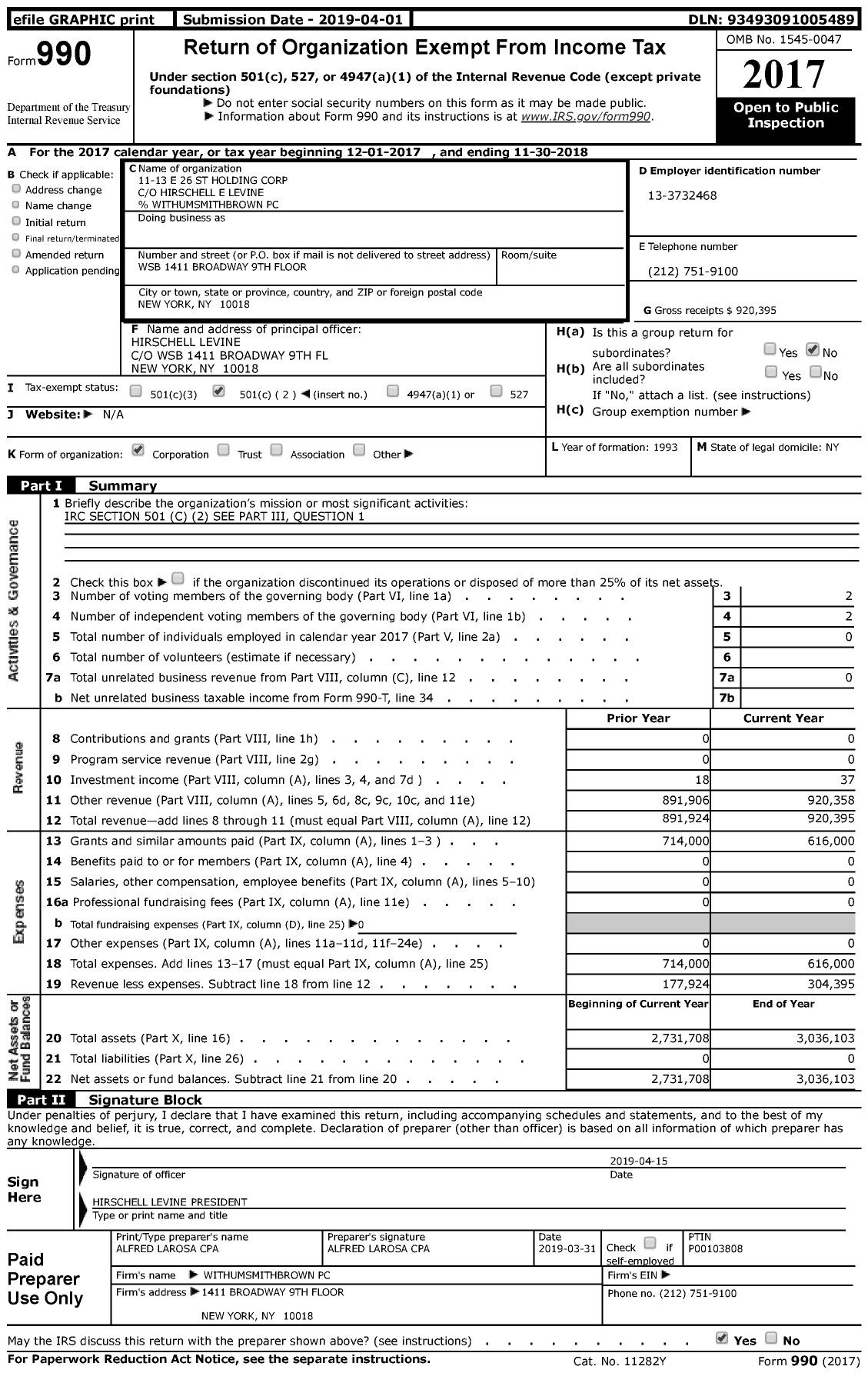 Image of first page of 2017 Form 990 for 11-13 E 26 St Holding Corporation