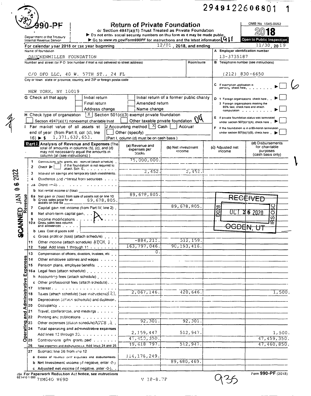 Image of first page of 2018 Form 990PF for Druckenmiller Foundation