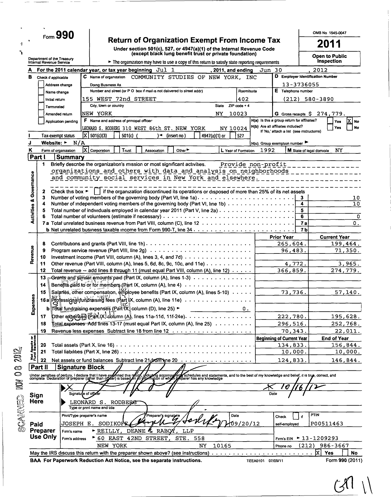 Image of first page of 2011 Form 990 for Community Studies of New York