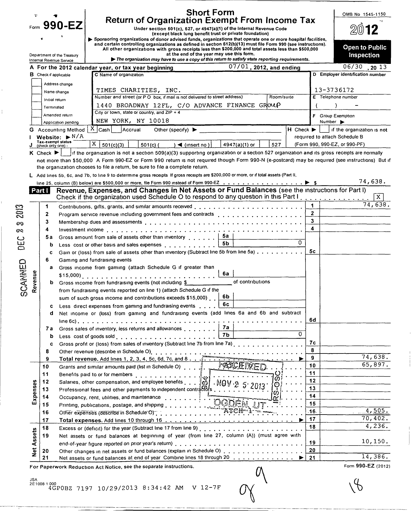 Image of first page of 2012 Form 990EZ for Times Charities