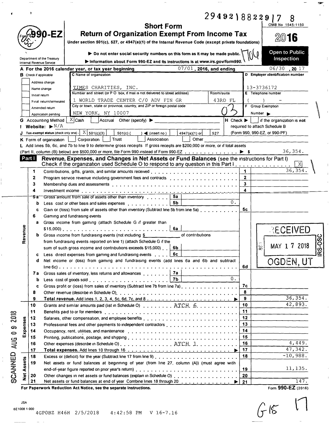 Image of first page of 2016 Form 990EZ for Times Charities