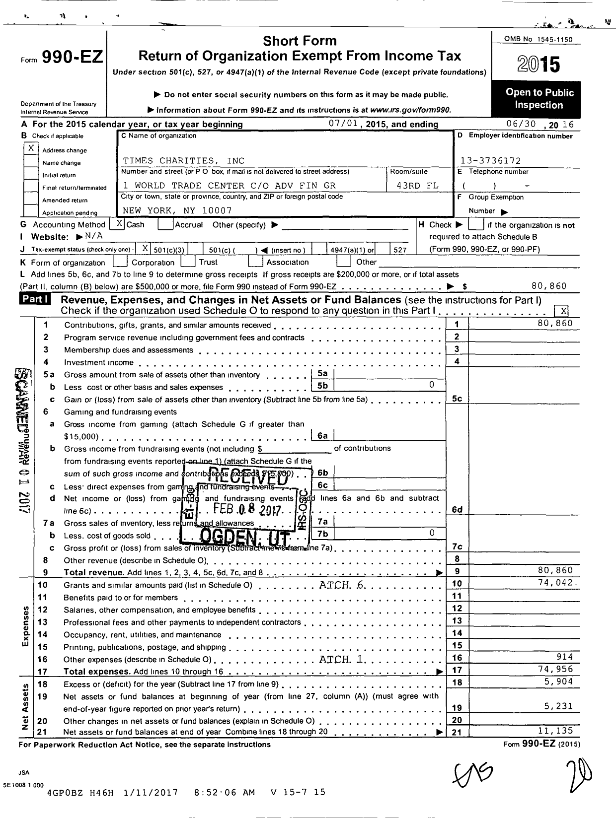 Image of first page of 2015 Form 990EZ for Times Charities