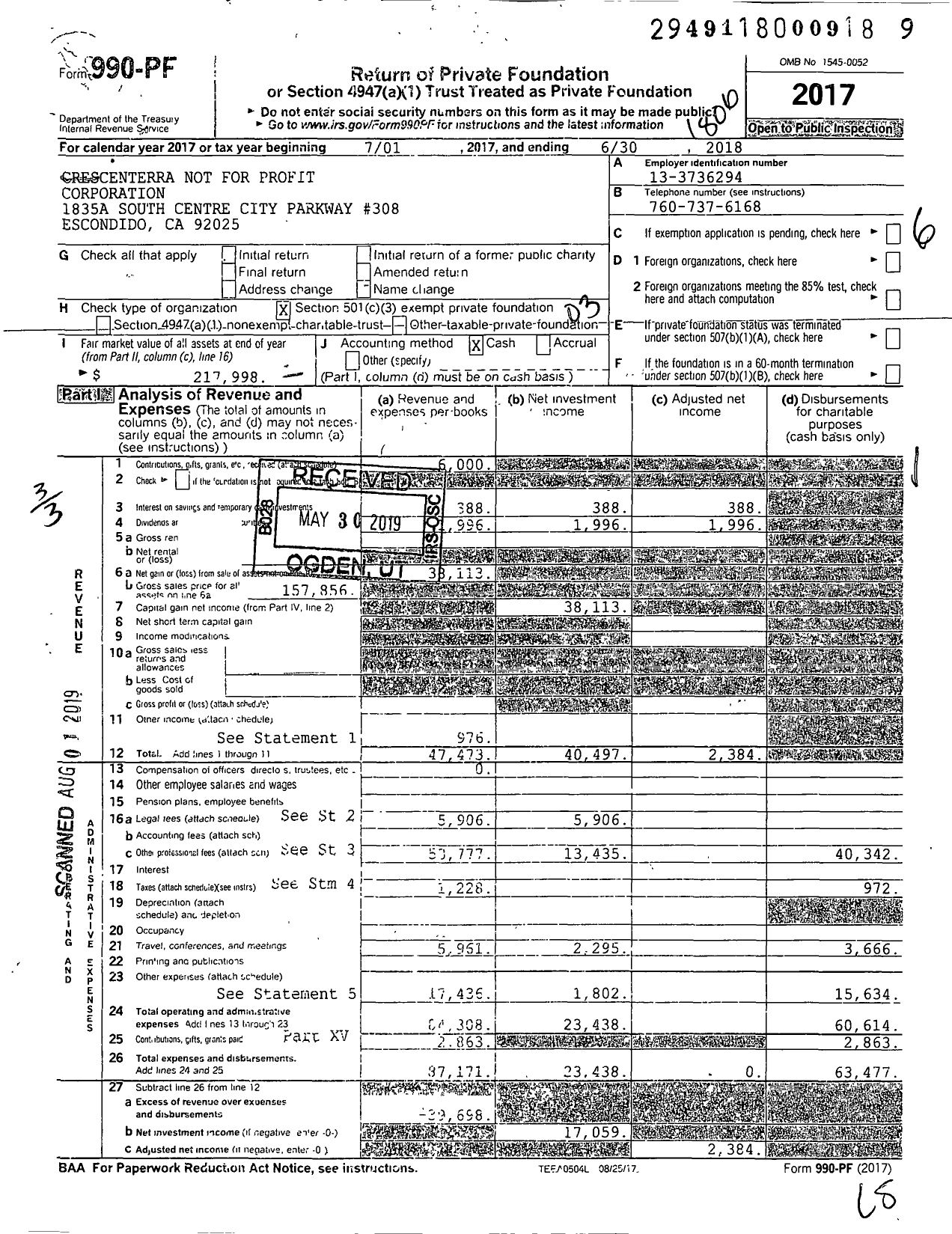 Image of first page of 2017 Form 990PF for Crescenterra Not for Profit Corporation