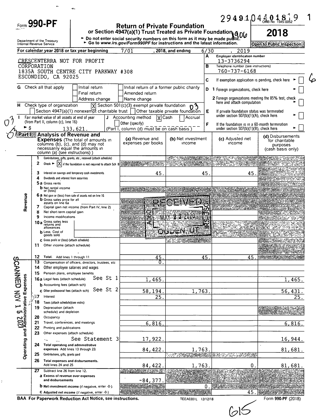 Image of first page of 2018 Form 990PF for Crescenterra Not for Profit Corporation