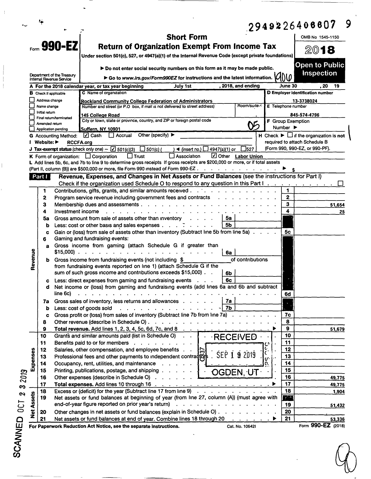 Image of first page of 2018 Form 990EO for American Federation of Teachers / 4871 RCC Federation of Administrato