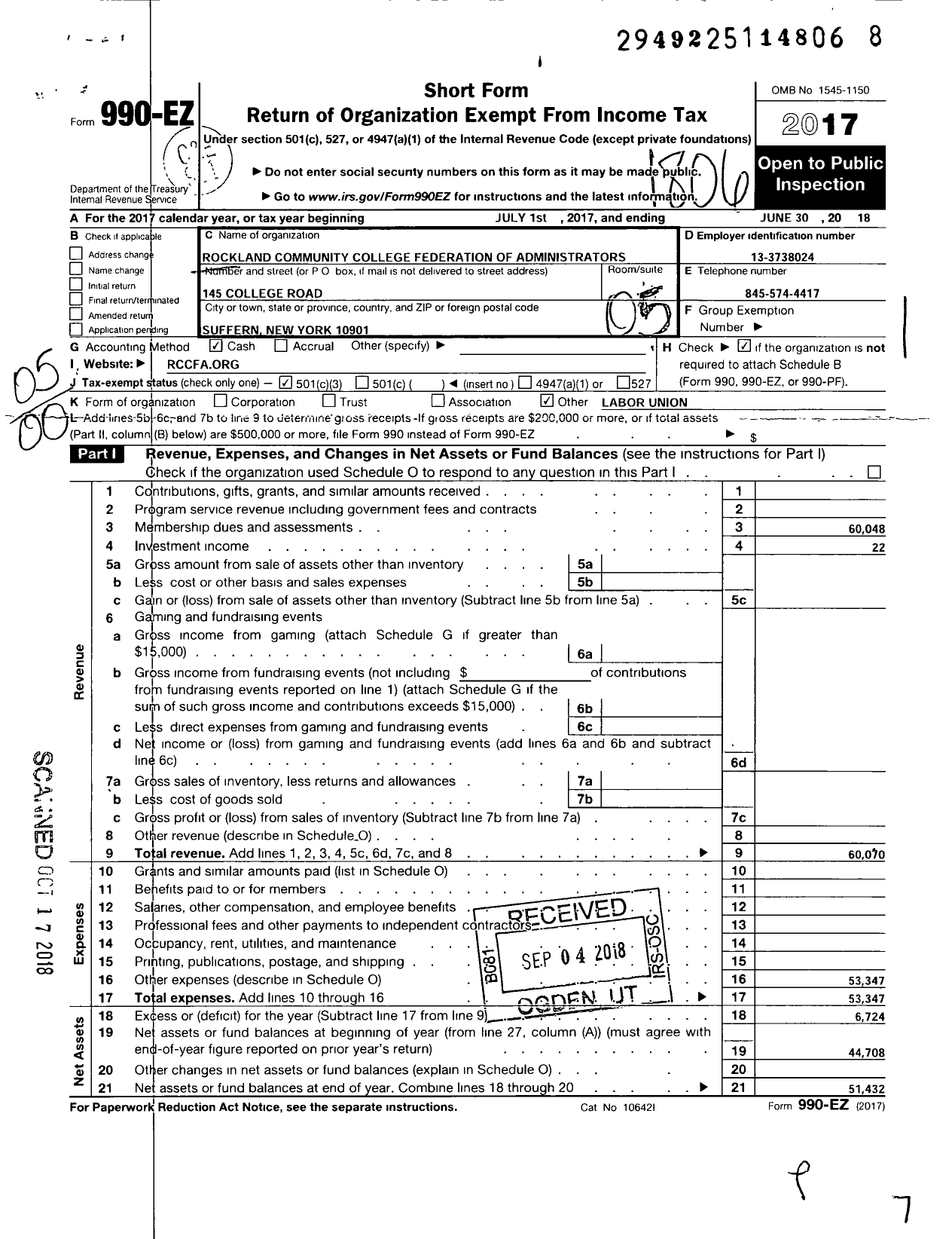 Image of first page of 2017 Form 990EO for American Federation of Teachers / 4871 RCC Federation of Administrato