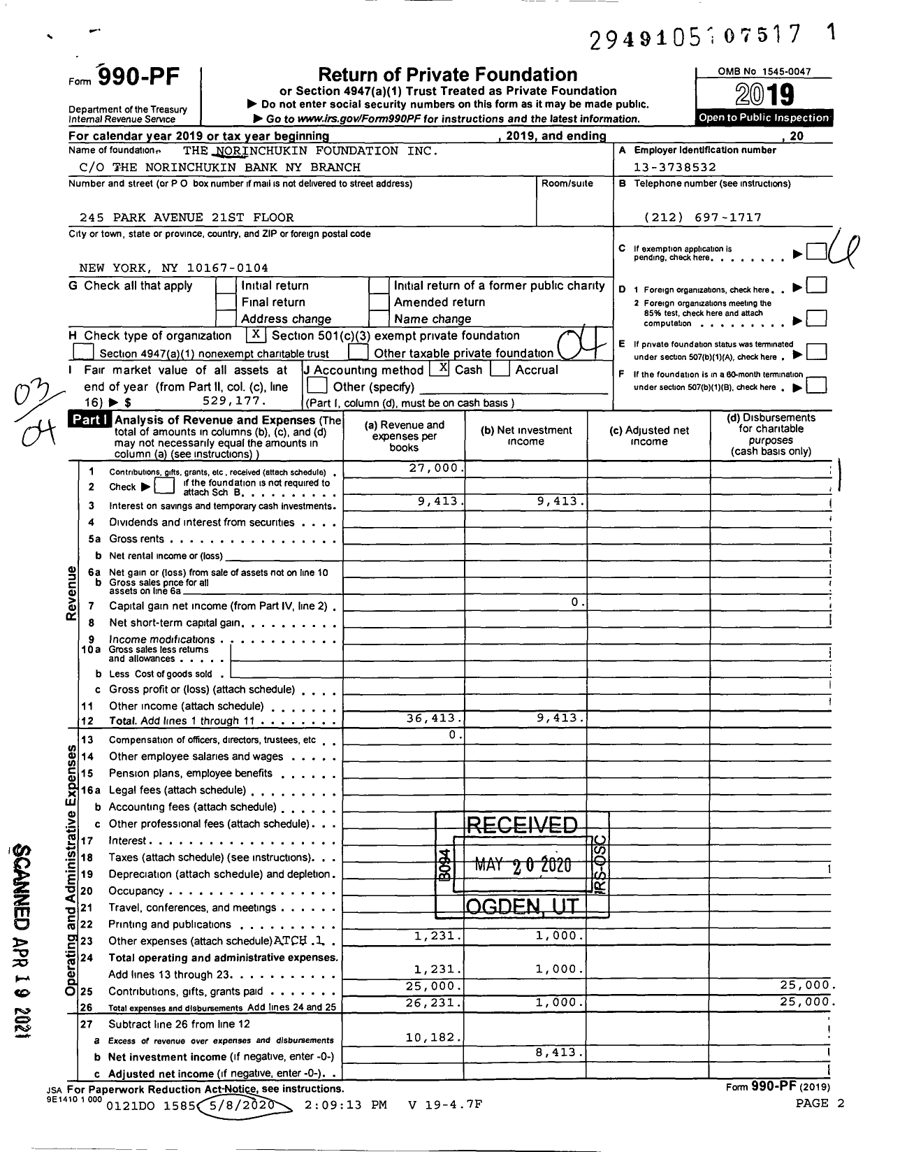 Image of first page of 2019 Form 990PF for The Norinchukin Foundation