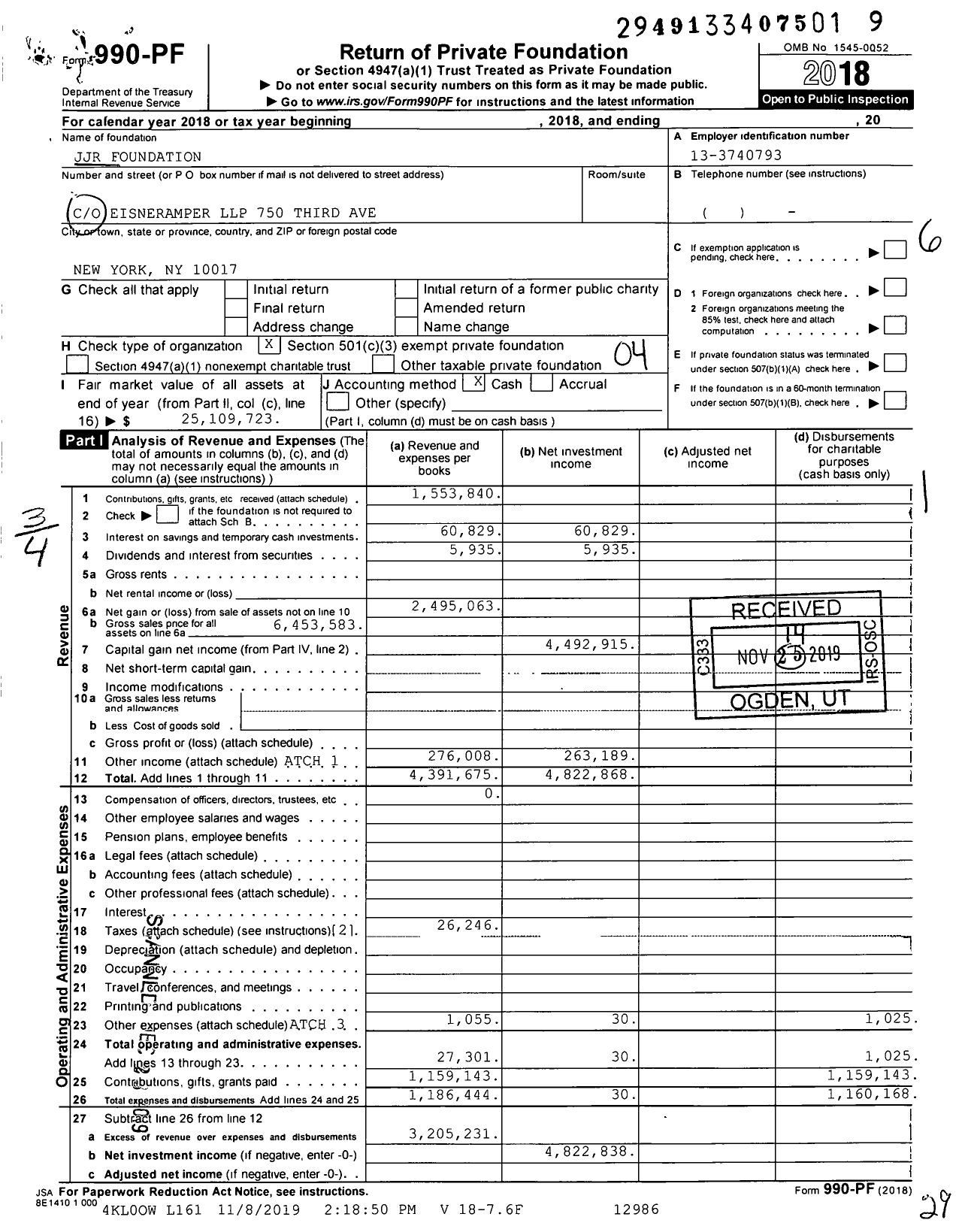 Image of first page of 2018 Form 990PF for JJR Foundation