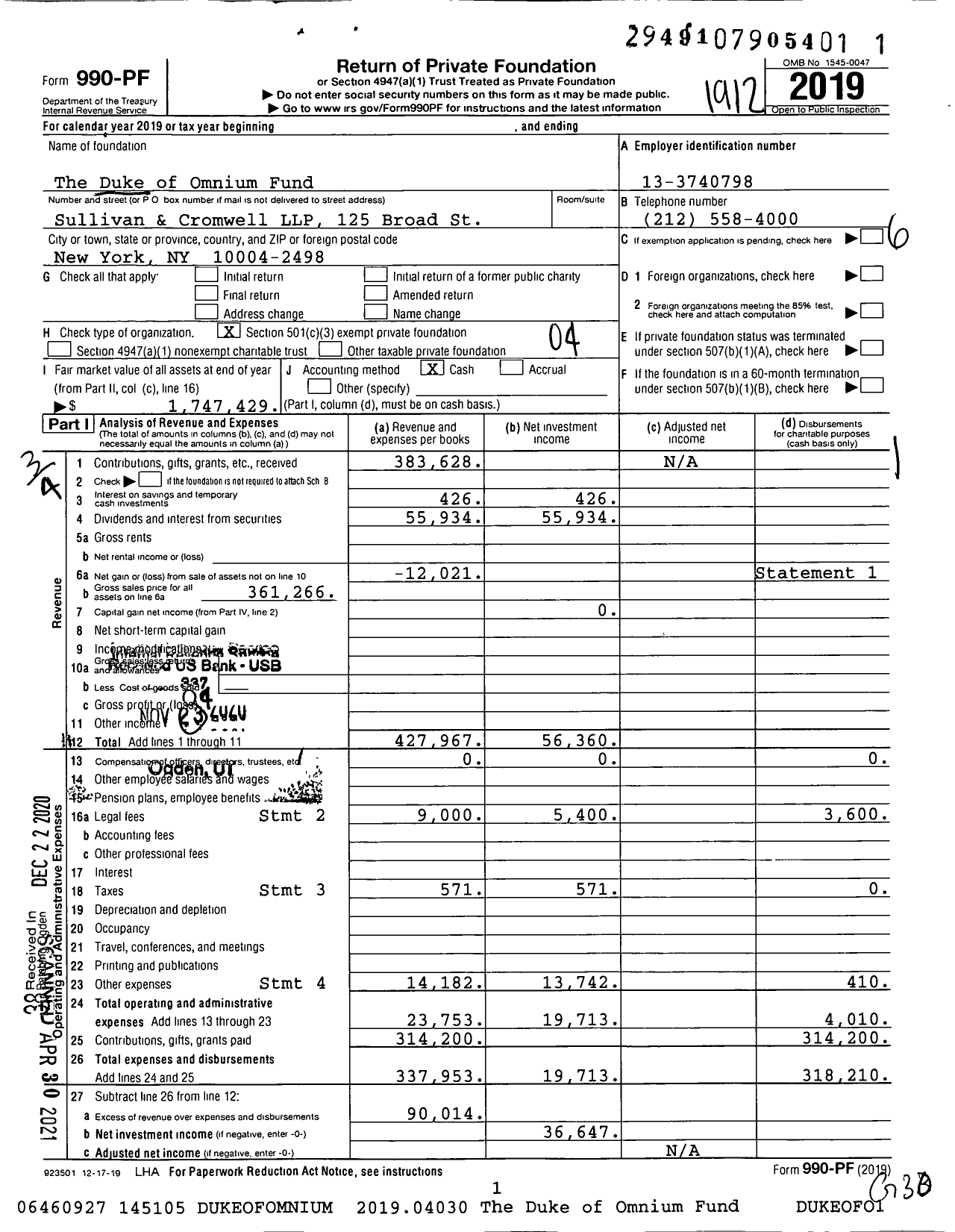 Image of first page of 2019 Form 990PF for The Duke of Omnium Fund