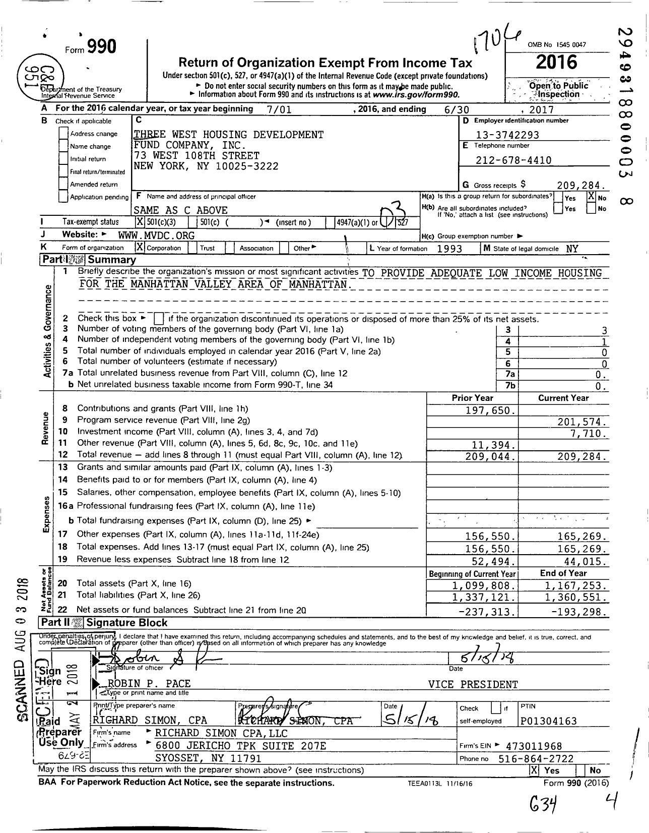 Image of first page of 2016 Form 990 for Three West Housing Development Fund Company