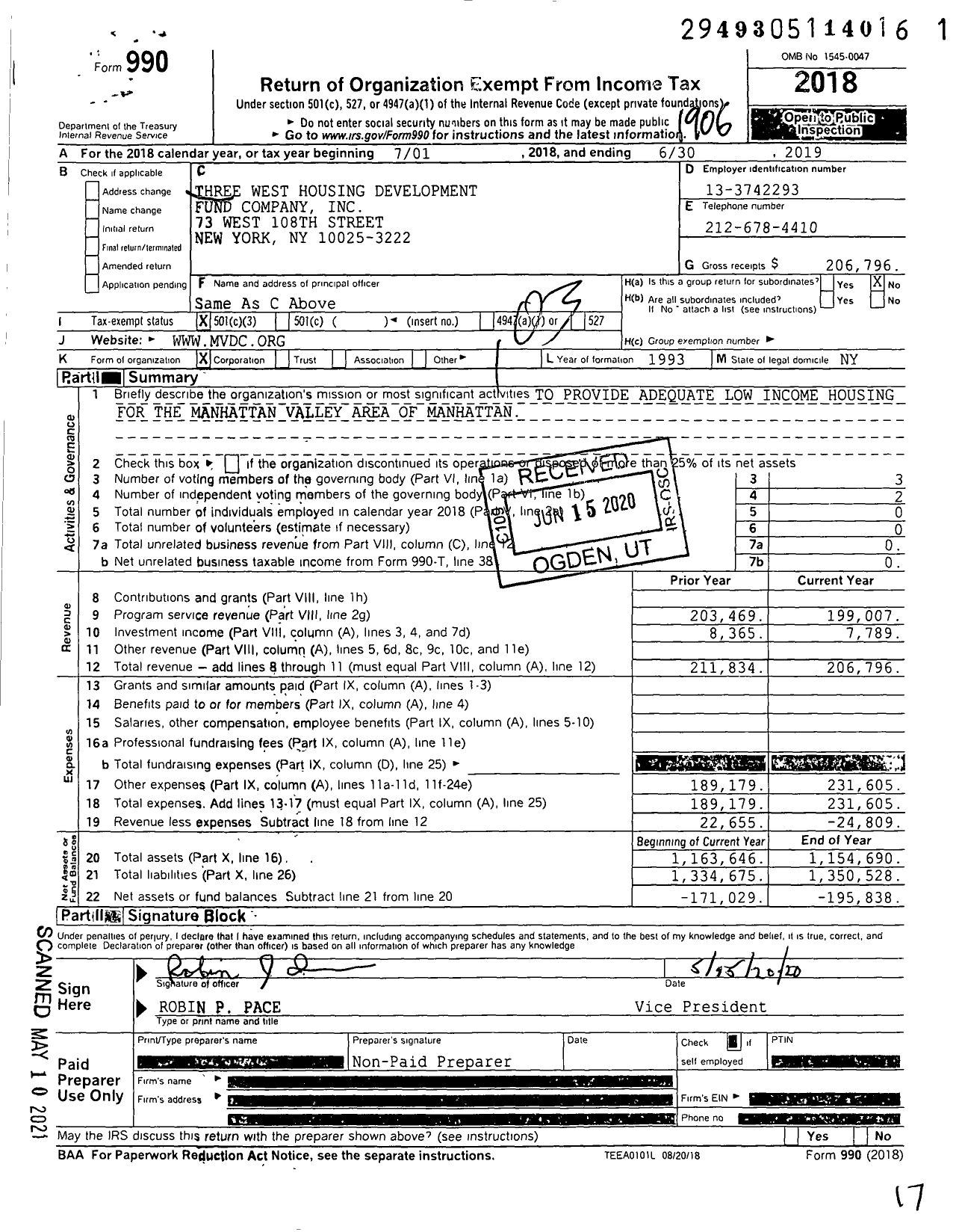 Image of first page of 2018 Form 990 for Three West Housing Development Fund Company