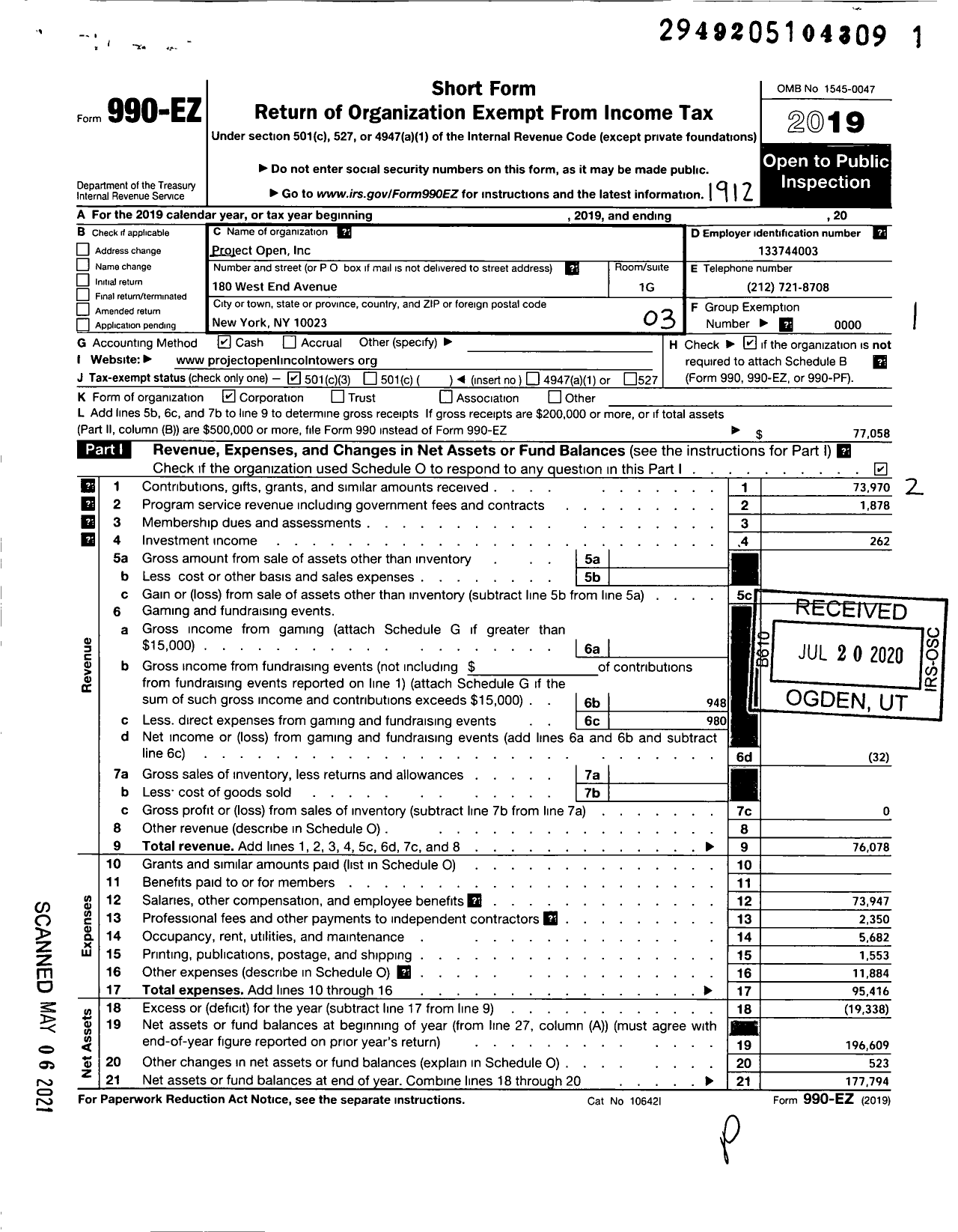 Image of first page of 2019 Form 990EZ for Project Open