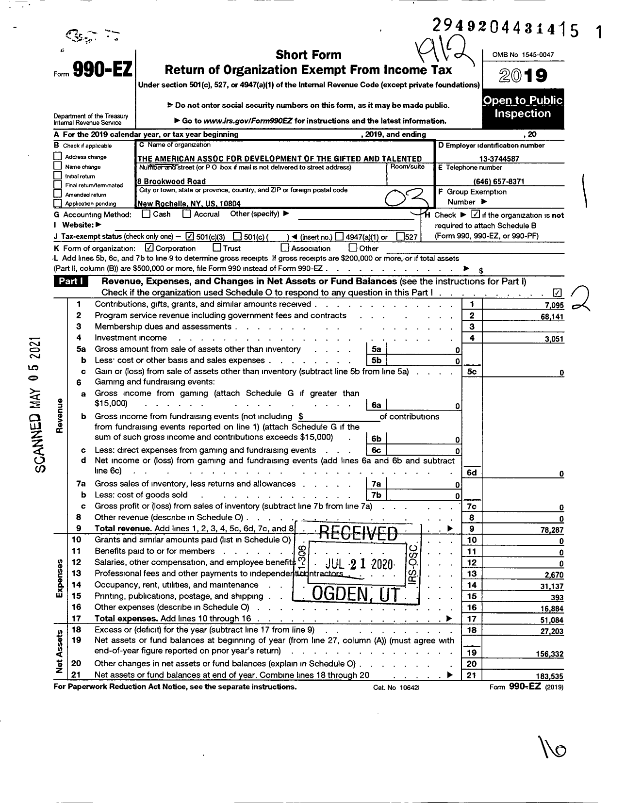 Image of first page of 2019 Form 990EZ for American Association for Development of the Gifted and Talented