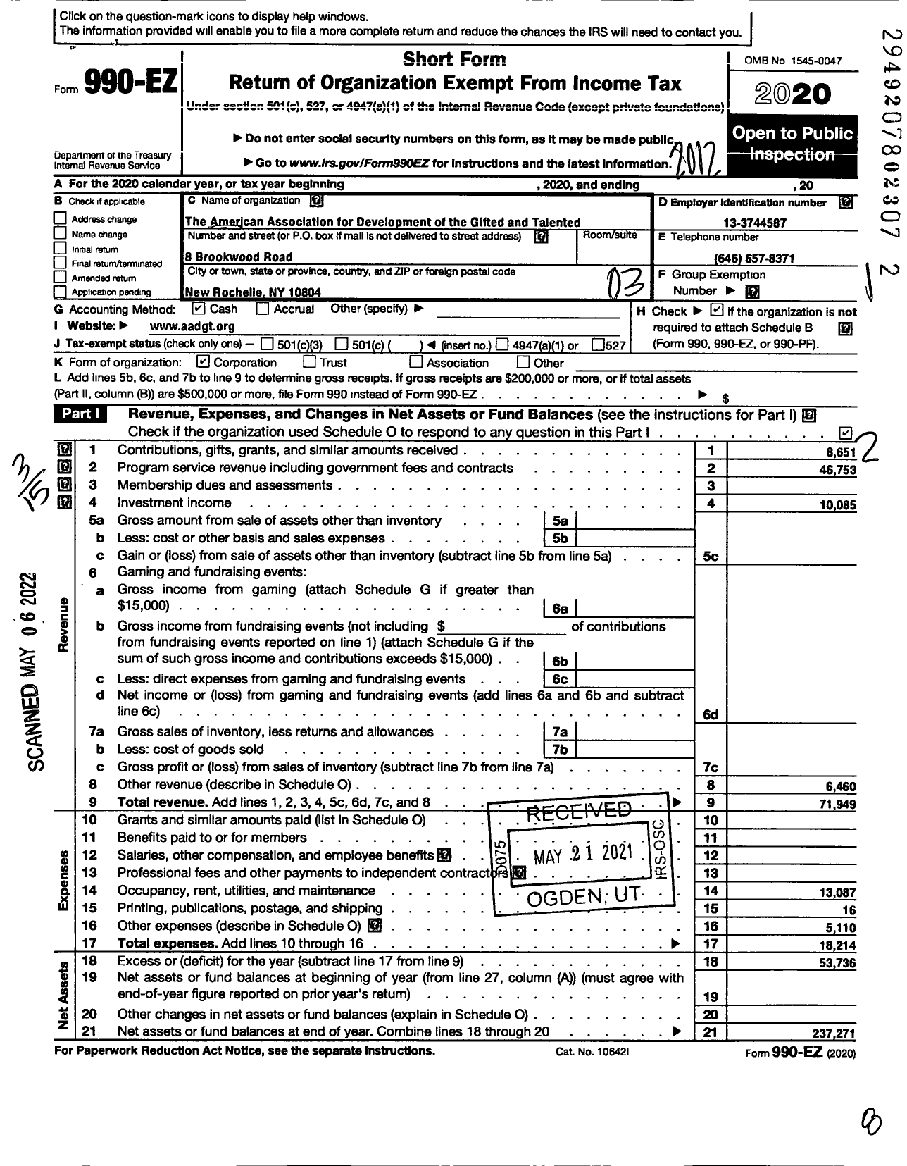 Image of first page of 2020 Form 990EZ for American Association for Development of the Gifted and Talented