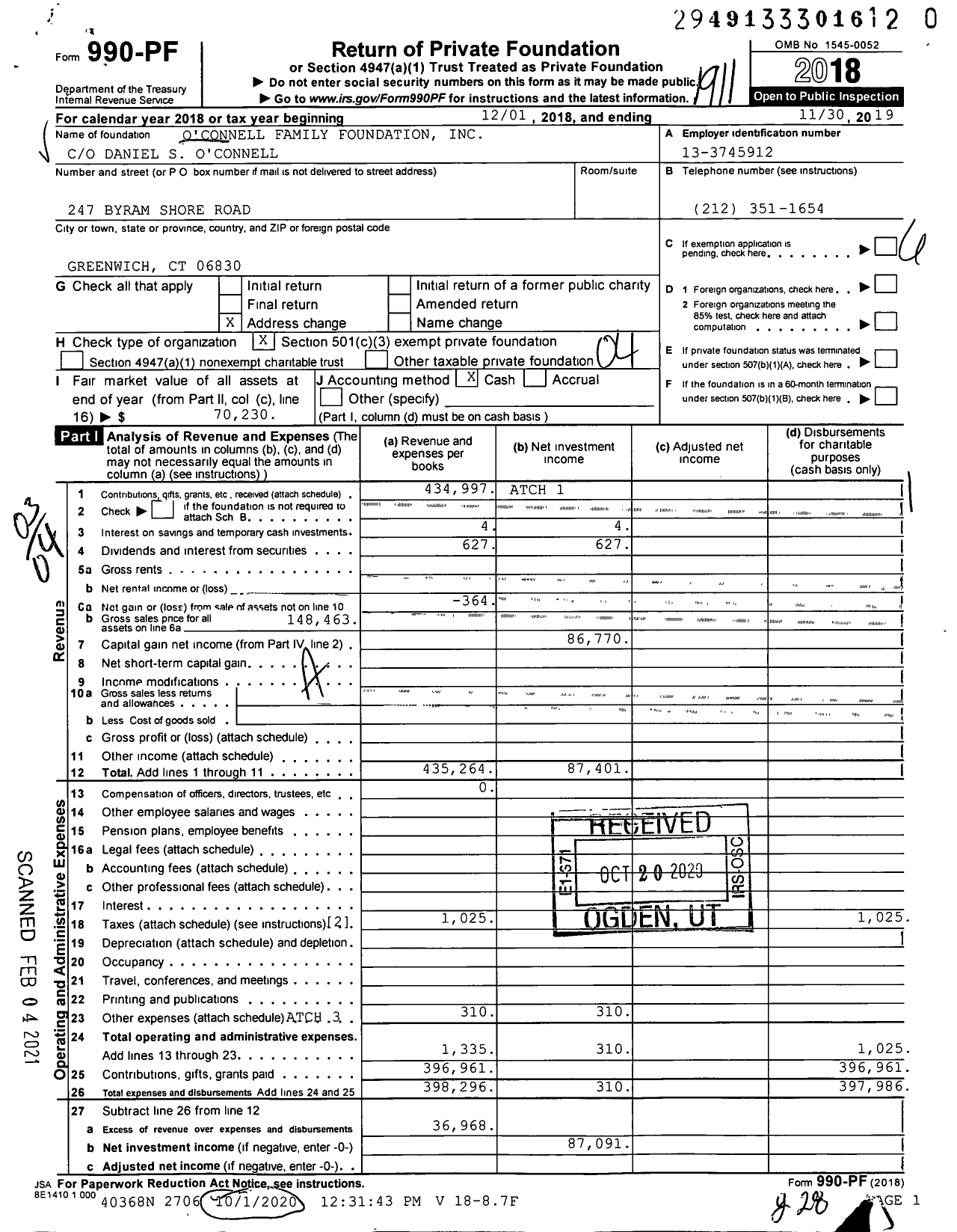 Image of first page of 2018 Form 990PF for O'Connell Family Foundation